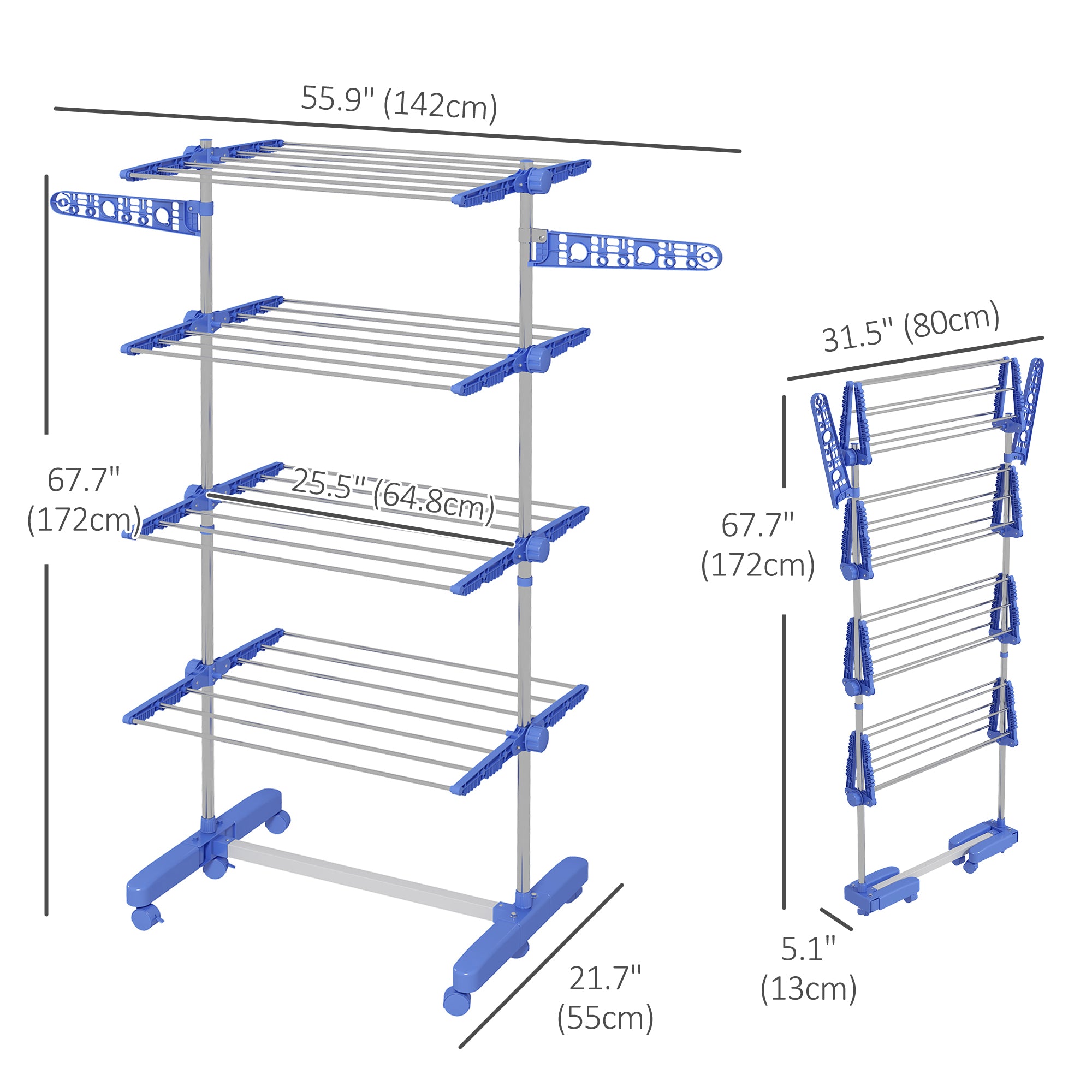 HOMCOM 4-Tier Clothes Drying Rack, Stainless Steel Laundry Rack with 2 Side Wings and 6 Castors, Collapsible Adjustable Clothes Airer for Indoor Outdoor, Blue