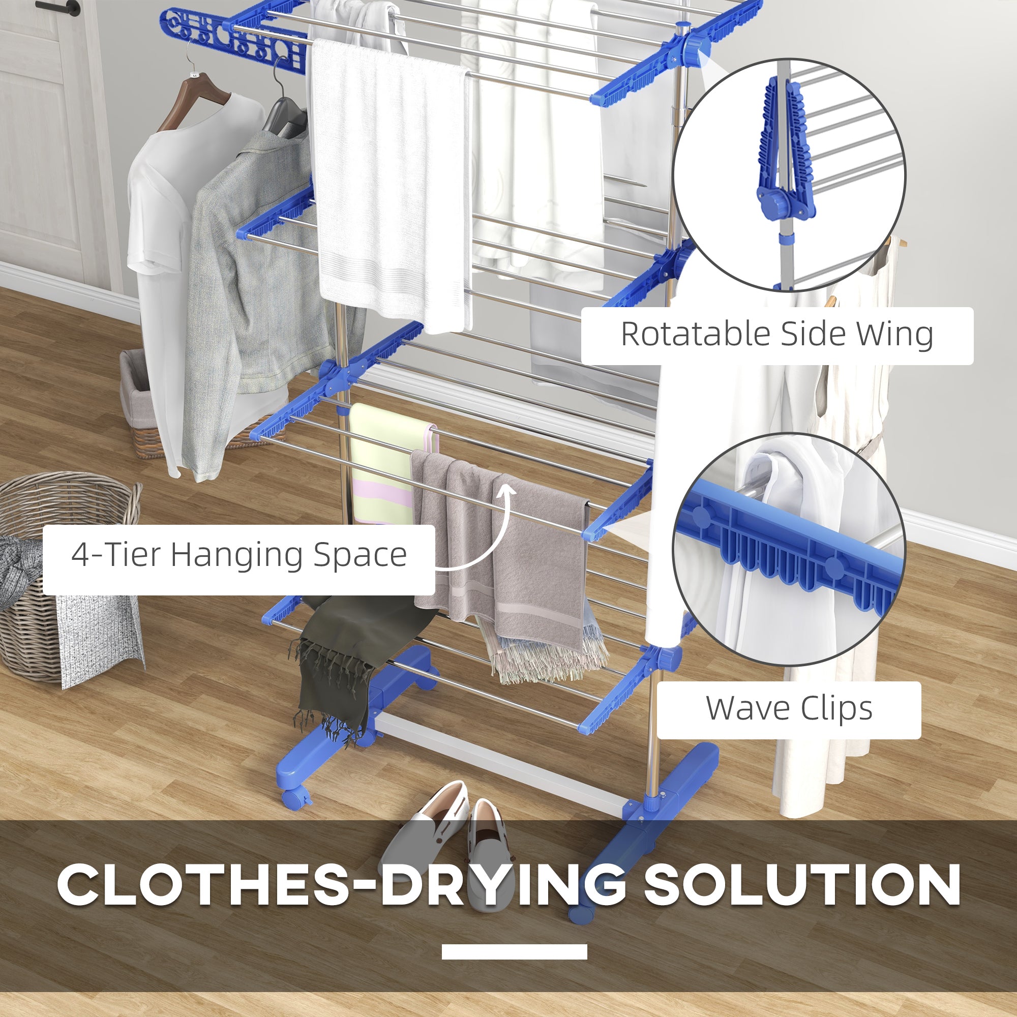 HOMCOM 4-Tier Clothes Airer, Foldable Clothes Drying Rack, Stainless Steel Indoor and Outdoor Clothes Dryer with Wheels and Wings, Easy Assembly, 142 x 55 x 172cm, Blue