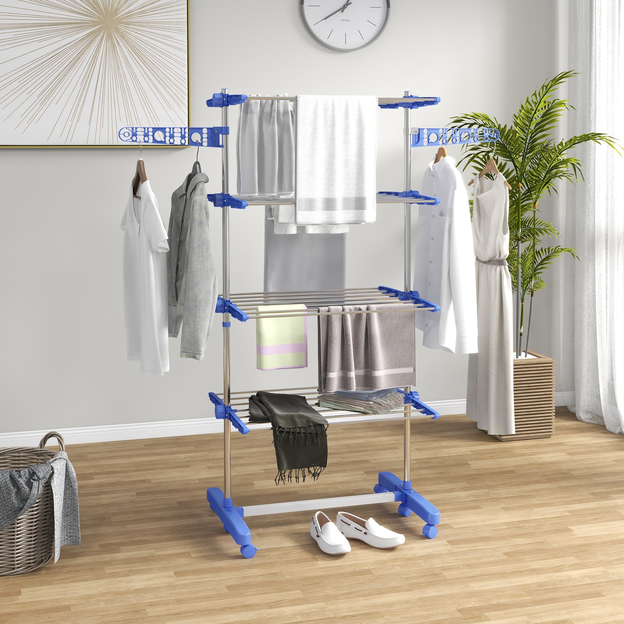 HOMCOM 4-Tier Clothes Drying Rack, Stainless Steel Laundry Rack with 2 Side Wings and 6 Castors, Collapsible Adjustable Clothes Airer for Indoor Outdoor, Blue