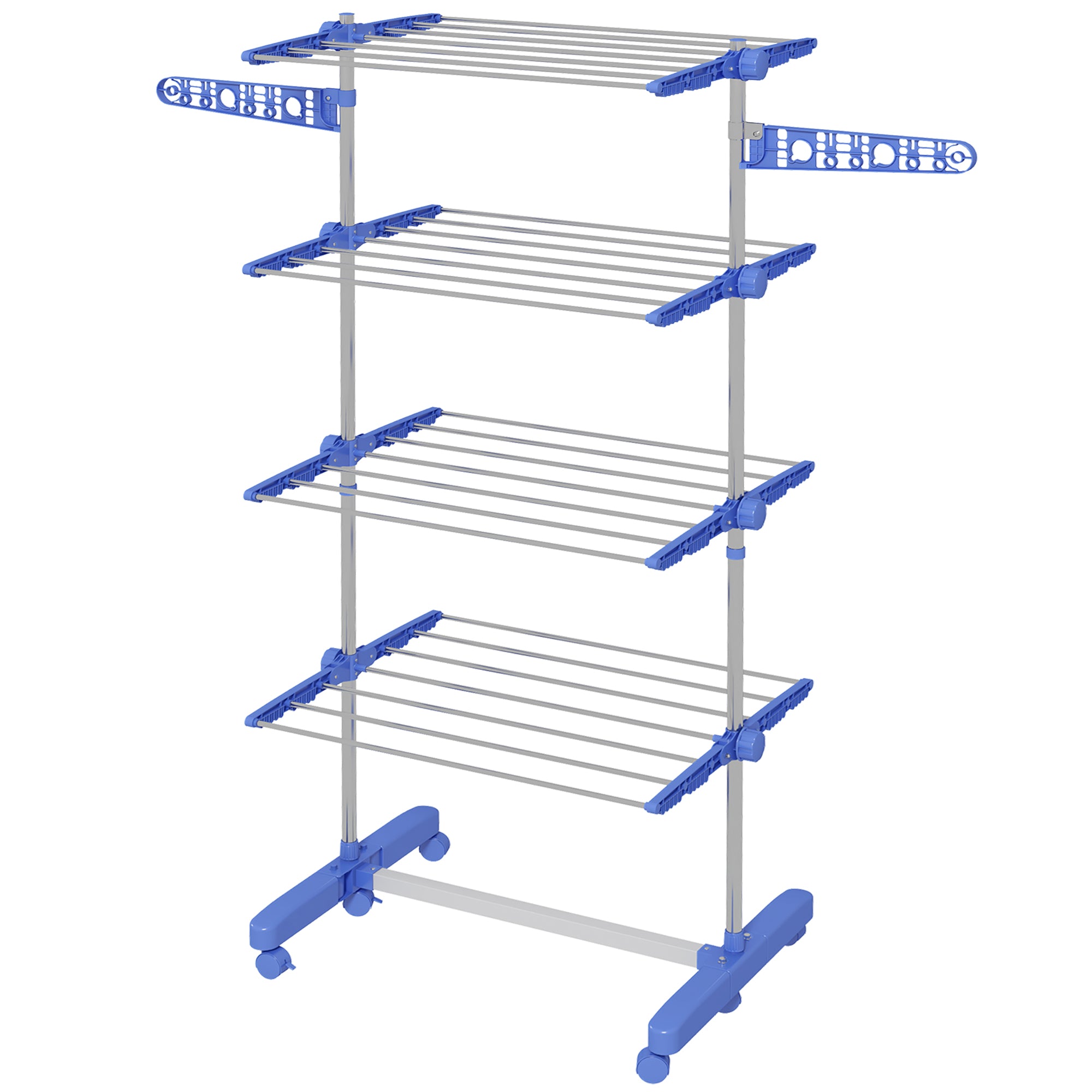 HOMCOM 4-Tier Clothes Drying Rack, Stainless Steel Laundry Rack with 2 Side Wings and 6 Castors, Collapsible Adjustable Clothes Airer for Indoor Outdoor, Blue