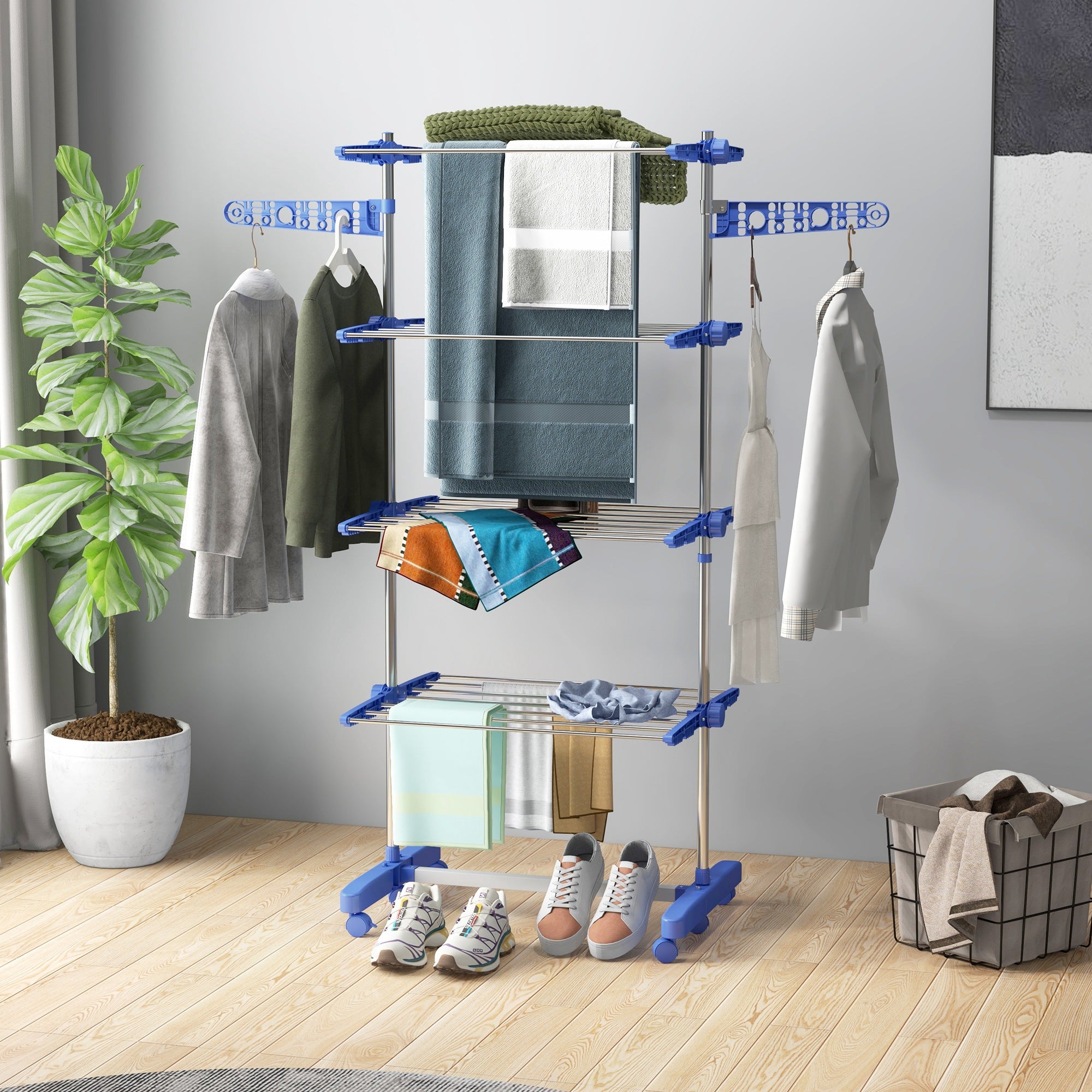 HOMCOM 4-Tier Clothes Drying Rack, Stainless Steel Laundry Rack with 2 Side Wings and 6 Castors, Collapsible Adjustable Clothes Airer for Indoor Outdoor, Blue