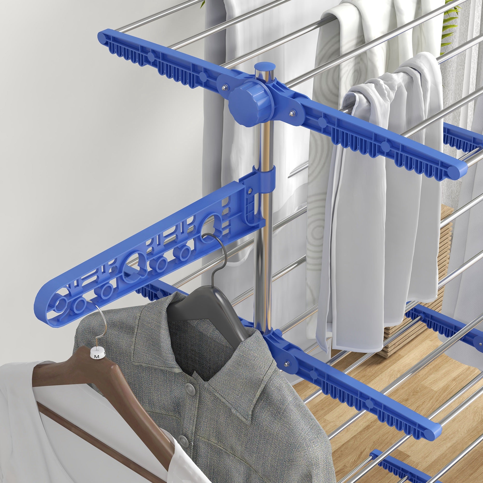 HOMCOM 4-Tier Clothes Drying Rack, Stainless Steel Laundry Rack with 2 Side Wings and 6 Castors, Collapsible Adjustable Clothes Airer for Indoor Outdoor, Blue