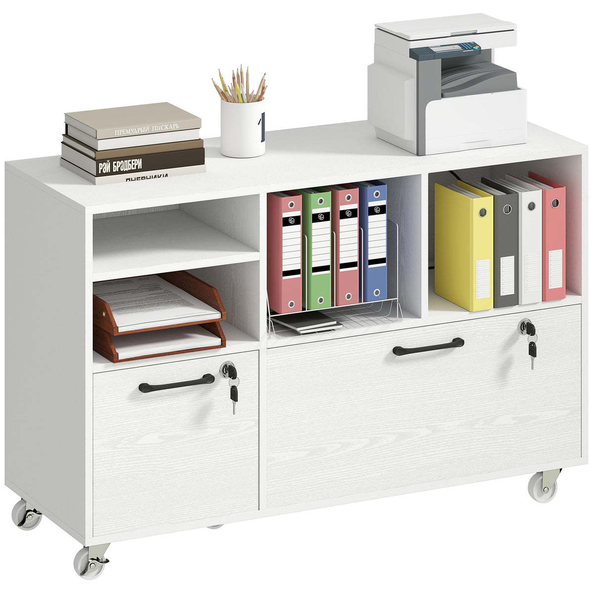 File Cabinet, 2 Drawer Mobile Lateral Filing Cabinet with Lock, Charging Station, Printer Stand with Shelves, Hanging Bars, Fits A4/Letter/Legal Size for Home Office, White