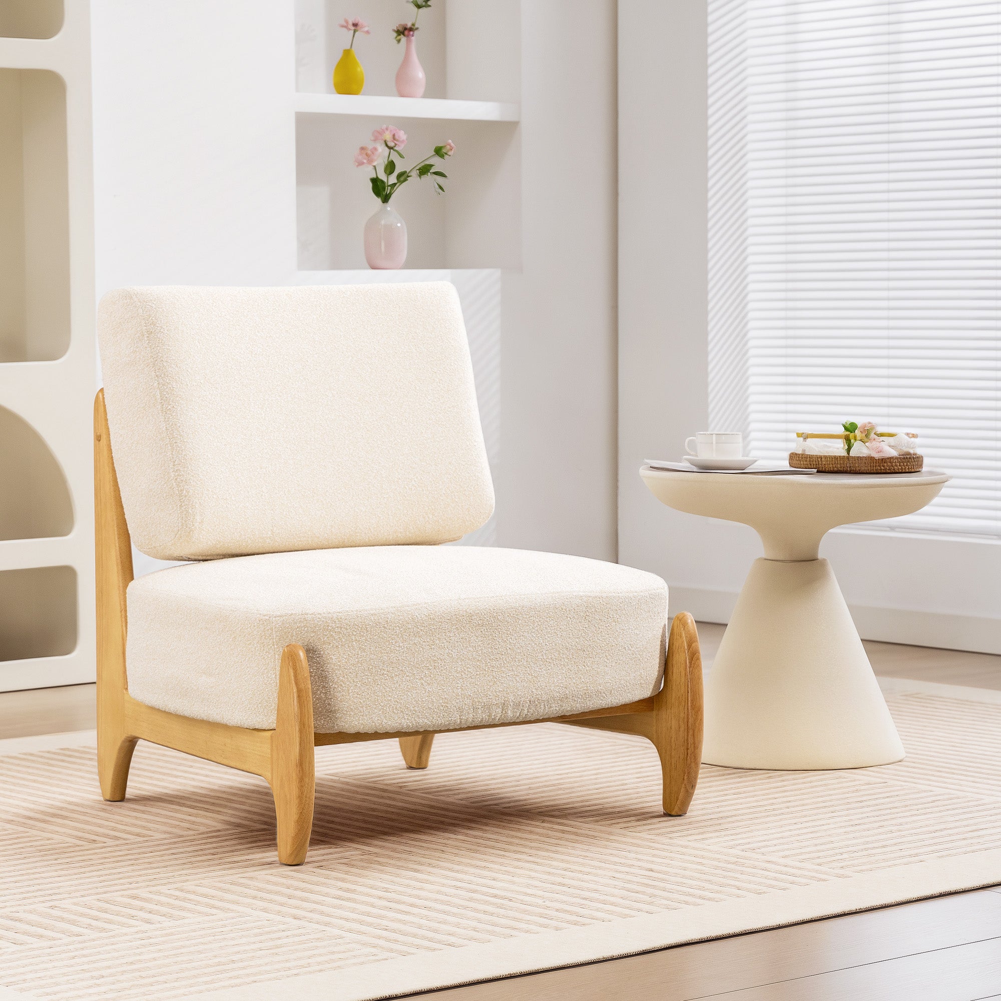 Ultra-Wide Accent Chair with Rubber Wood Frame, Modern Chenille Upholstered Bedroom Chair with Thick Cushion, High-Density Foam for Living Room, Cream White