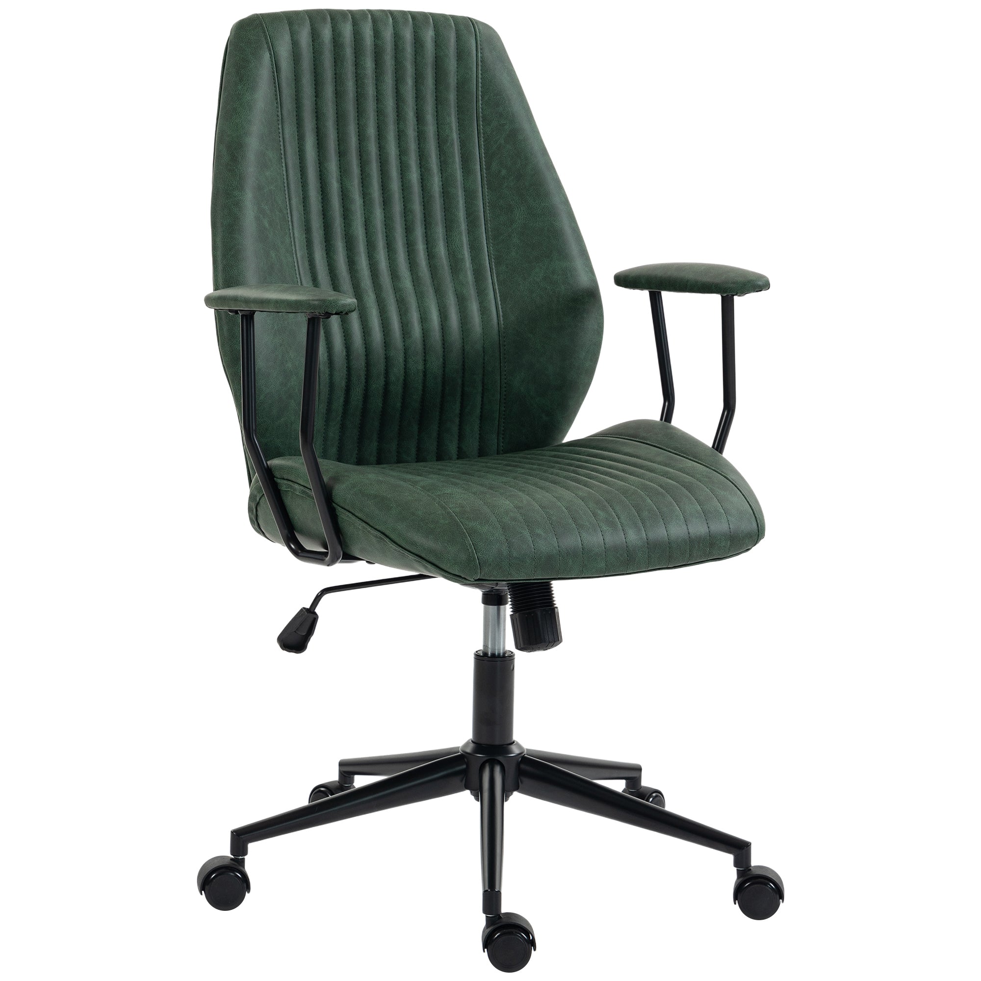 Home Office Desk Chair, PU Leather Computer Chair with Padded Arms, Mid Back, 360° Swivel, Adjustable Height, Tilt Function, Rolling Wheels, Vintage Style for Task, Study, Work, Green