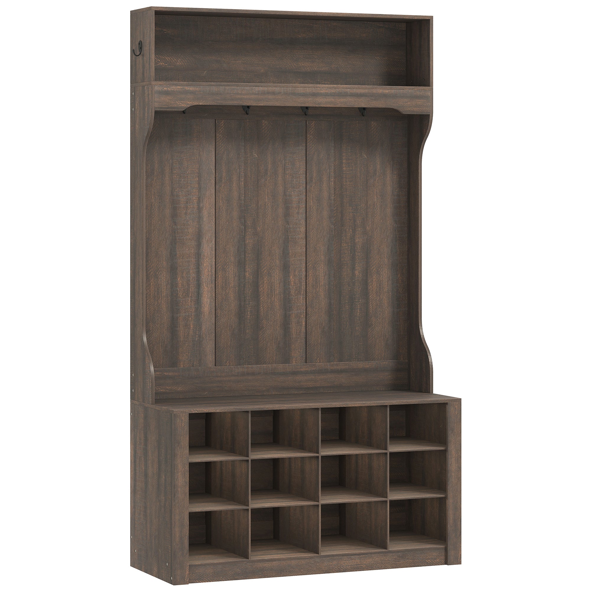 4-In-1 Hall Tree with Bench and Shoe Storage, Farmhouse Entryway Coat Rack Shoe Bench with 12 Shoe Cubbies, 6 Hooks and Open Shelf for Hallway, Dark Brown