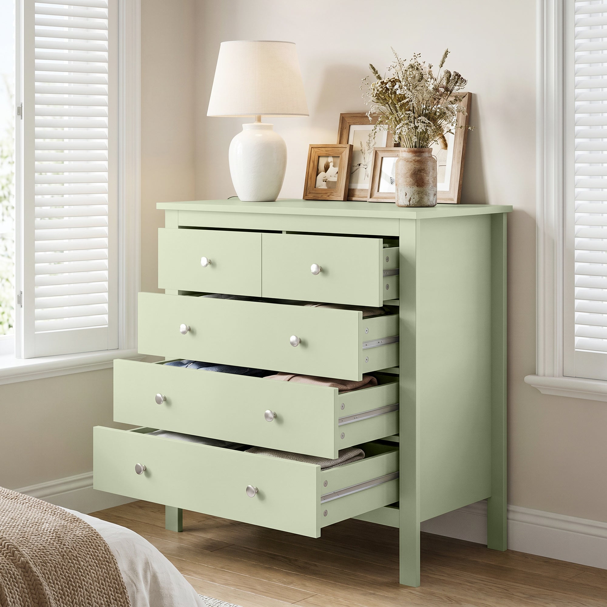 5 Drawer Chest of Drawers, Modern Dresser for Bedroom, Bedside Storage Cabinet, Wide Storage Unit with Glide Runners for Living Room, Hallway, Closet, 79 x 39.5 x 80.5 cm, Sage Green