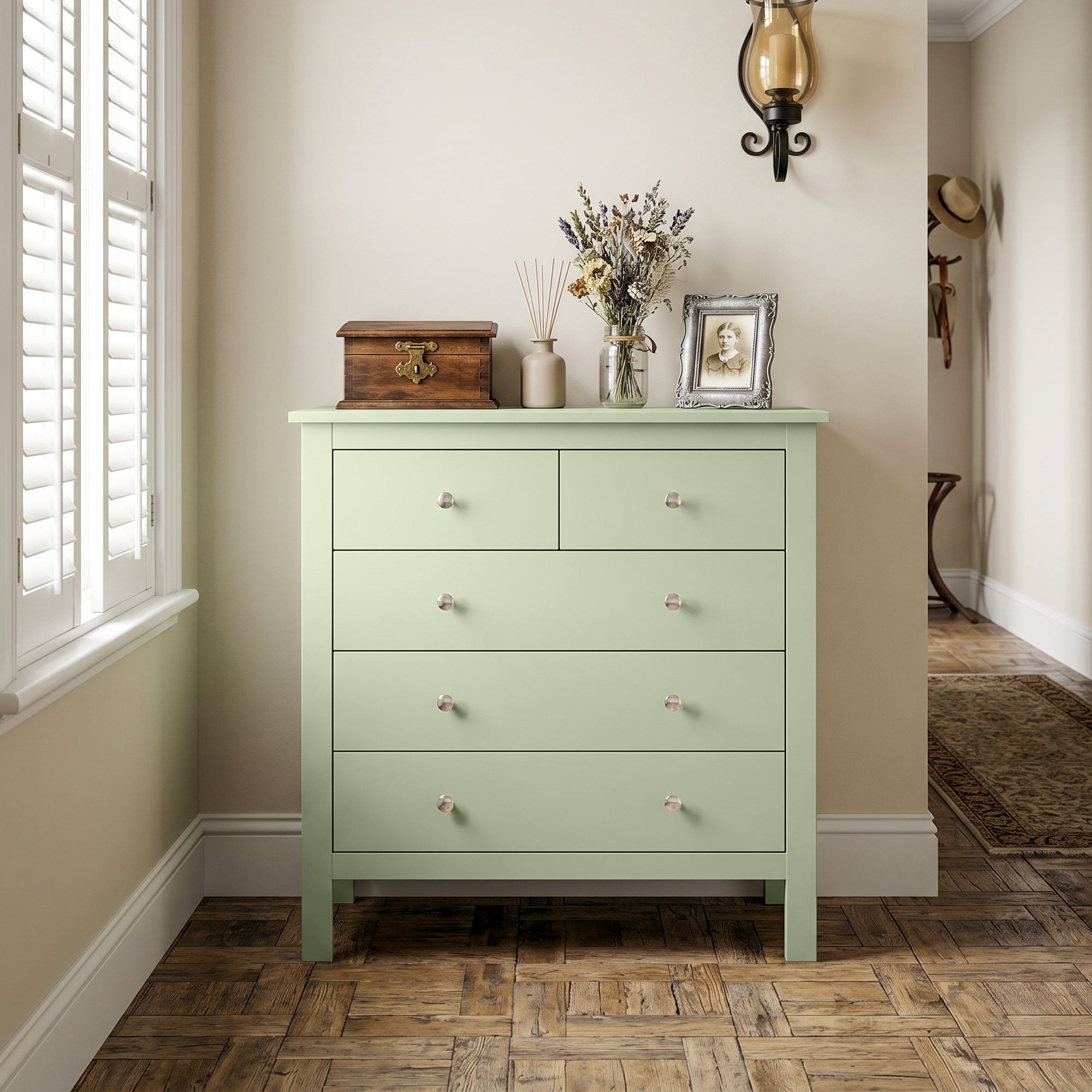 5 Drawer Chest of Drawers, Modern Dresser for Bedroom, Bedside Storage Cabinet, Wide Storage Unit with Glide Runners for Living Room, Hallway, Closet, 79 x 39.5 x 80.5 cm, Sage Green