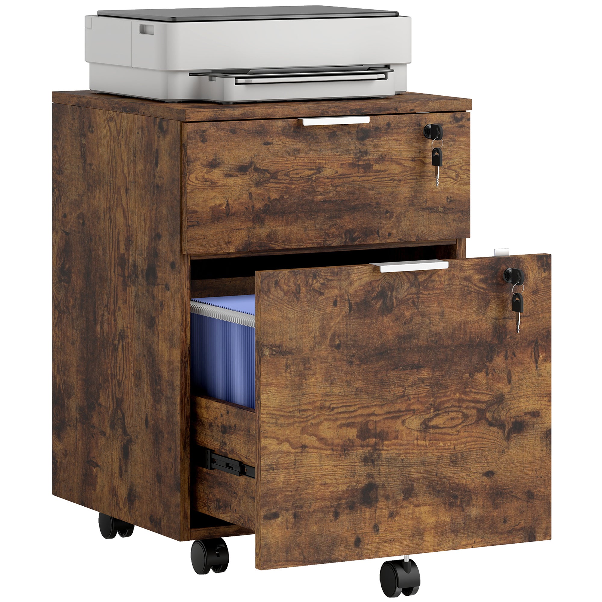 Mobile File Cabinet with Wheels and Lock, 2 Drawer Under Desk Office Cabinet, Adjustable A4 and Letter Hanging Bars, Black and Rustic Brown