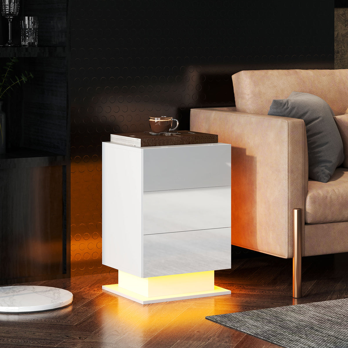 Modern LED Nightstand Bedside Table with Adjustable Colour Lighting & 3 Drawers, Remote Control, 40 x 35 x 60 cm, Side End Table for Bedroom Study, Glossy White