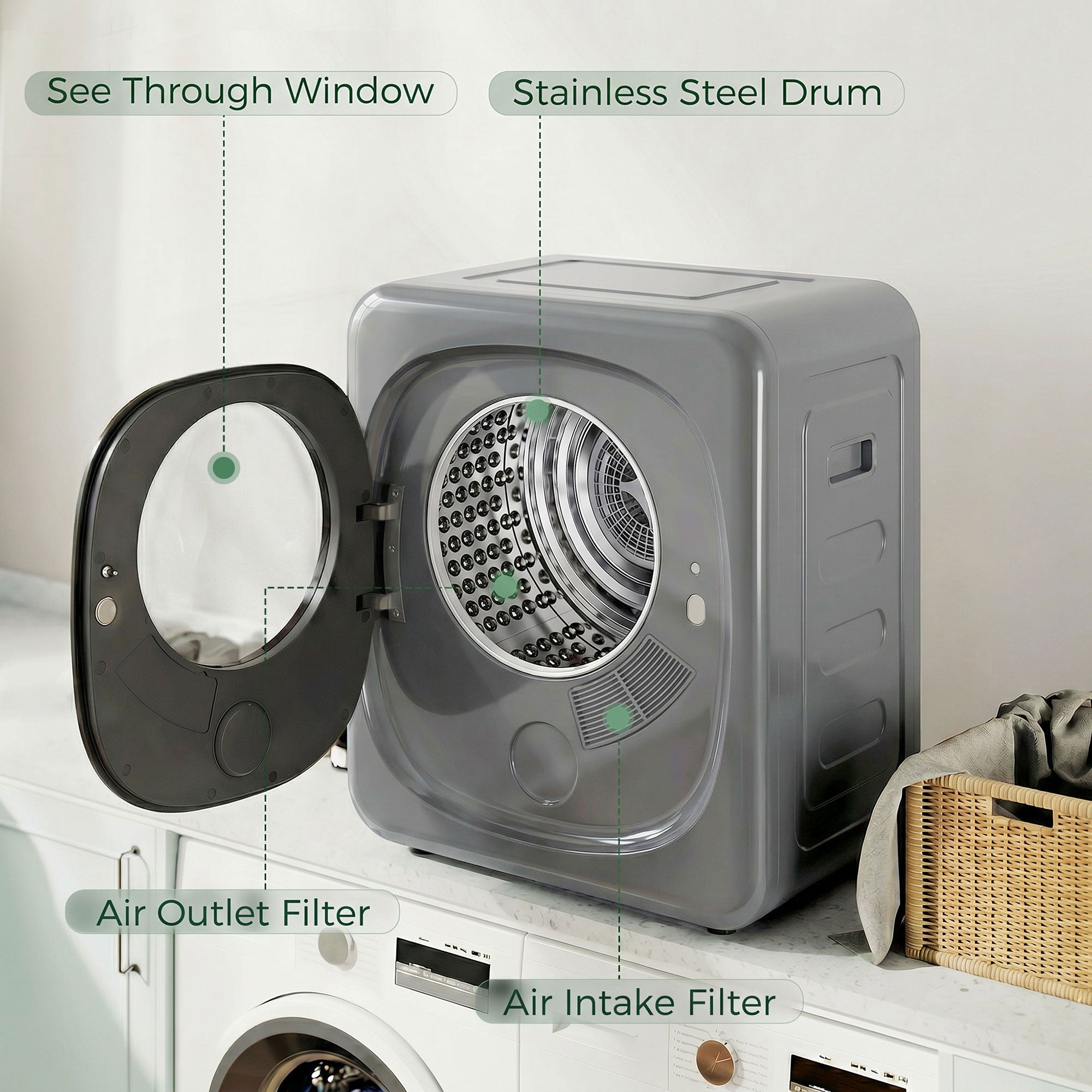 Vented Tumble Dryer, 4kg Wet Laundry/2.5kg Dry Capacity, 57cm Height 800W Compact Freestanding Clothes Drying Machine with 5 Drying Modes, Sensor Dry for Apartment, Dorm, RVs, Silver