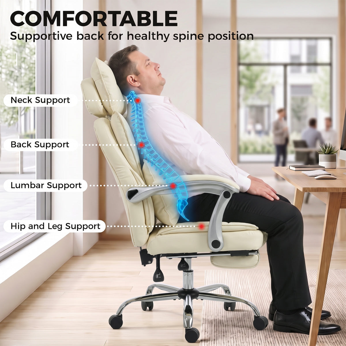 Executive Office Chair, 180kg Big and Tall PU Leather Desk Chair with Adjustable Headrest, Lumbar Support, Wide Seat, Reclining Back, Footrest, Swivel Wheels, Beige