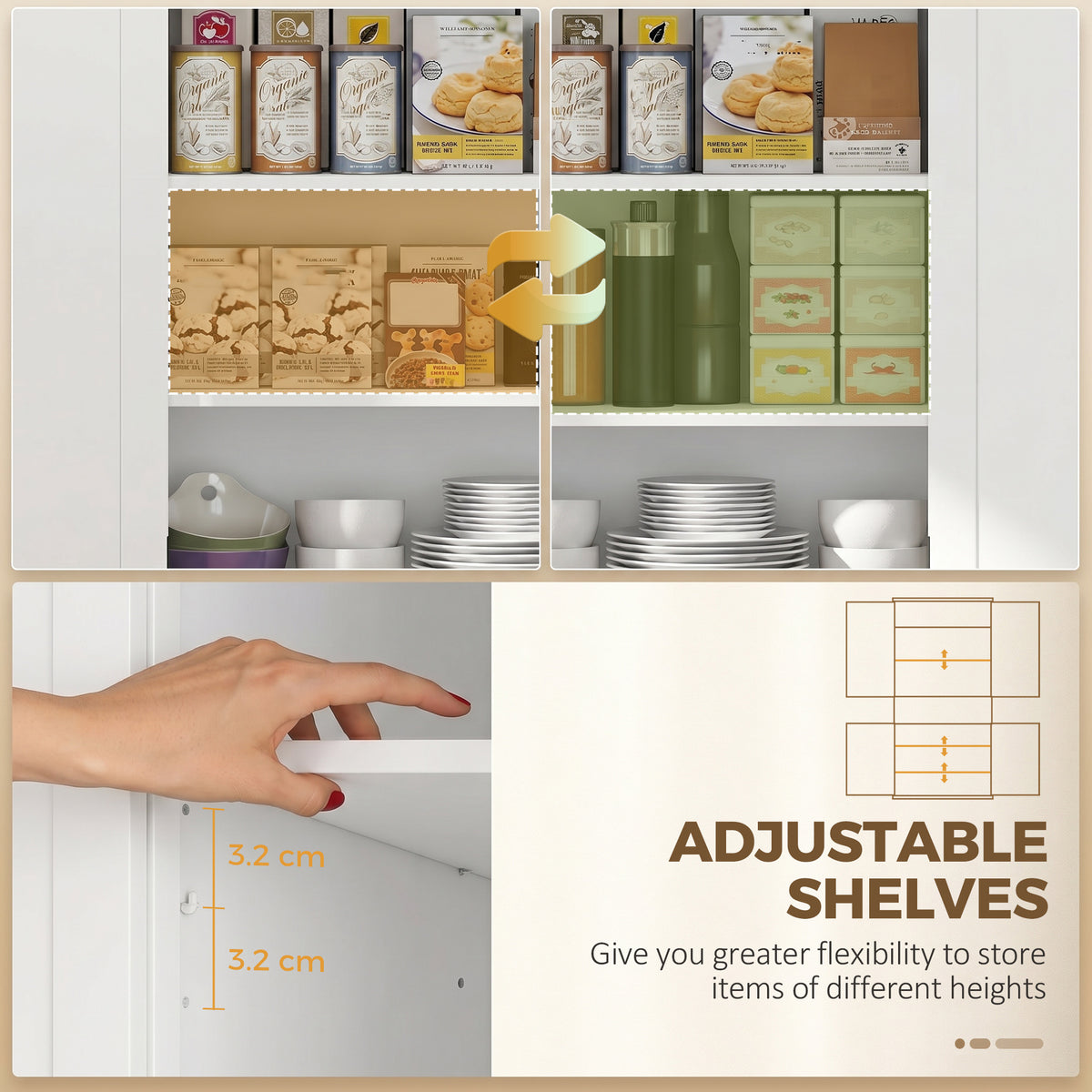 Tall Kitchen Cupboard, 183 cm Freestanding Storage Cabinet with Drawer, 4 Doors and Adjustable Shelves, Kitchen Pantry Cupboard for Living Room, Dining Room, White