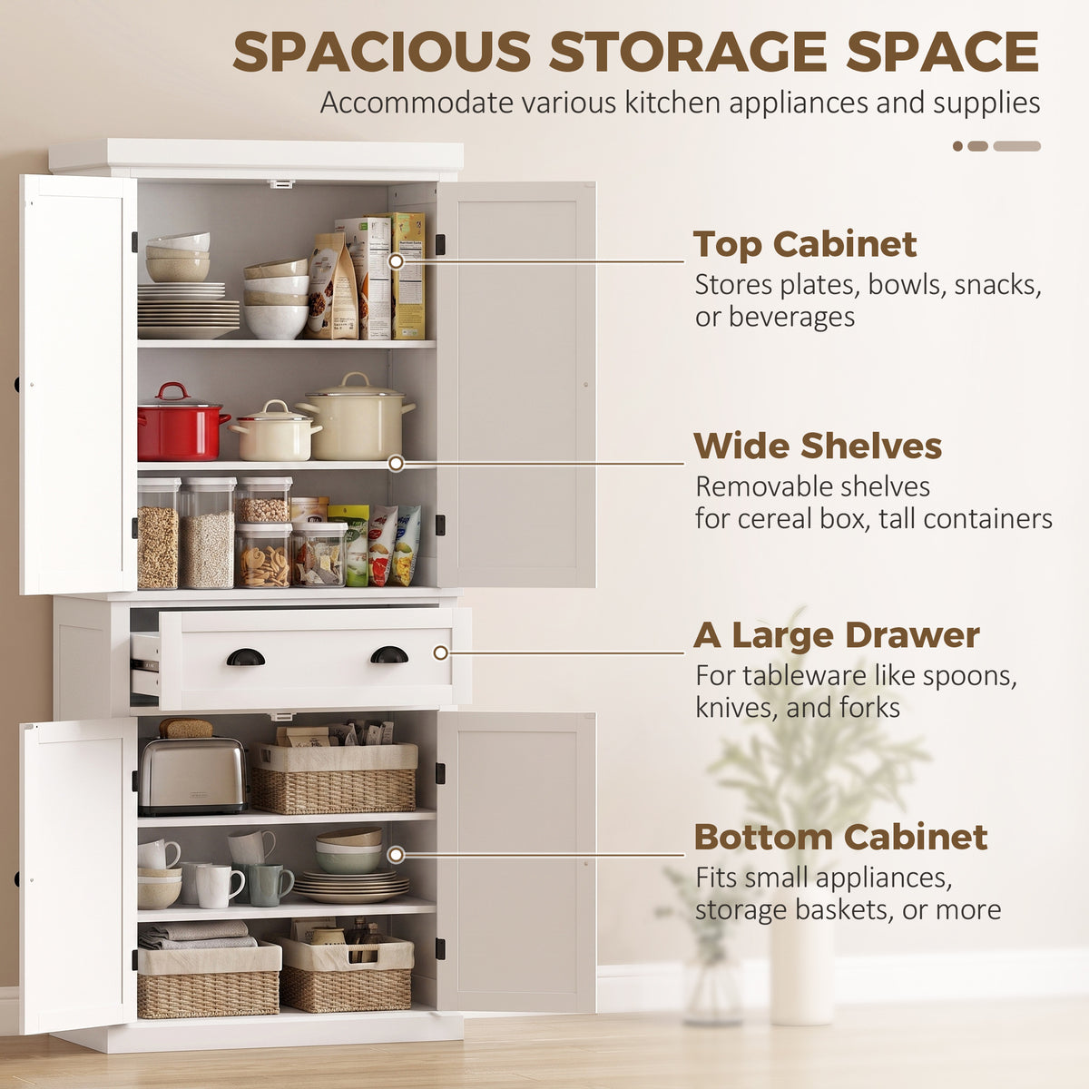 Tall Kitchen Cupboard, 183 cm Freestanding Storage Cabinet with Drawer, 4 Doors and Adjustable Shelves, Kitchen Pantry Cupboard for Living Room, Dining Room, White