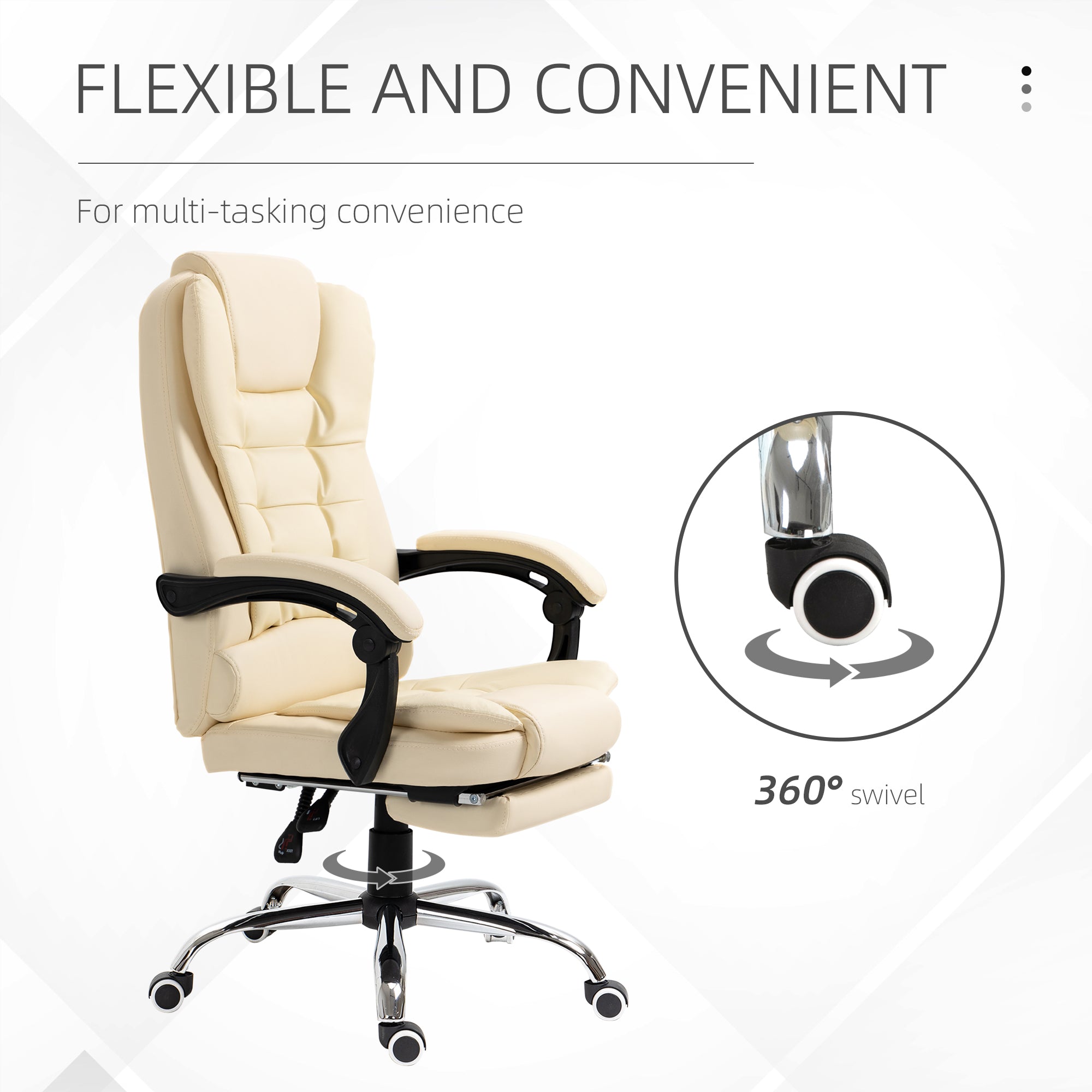 HOMCOM Executive Office Chair High Back PU Leather Reclining Chair with Retractable Footrest Padded Armrest Cream White