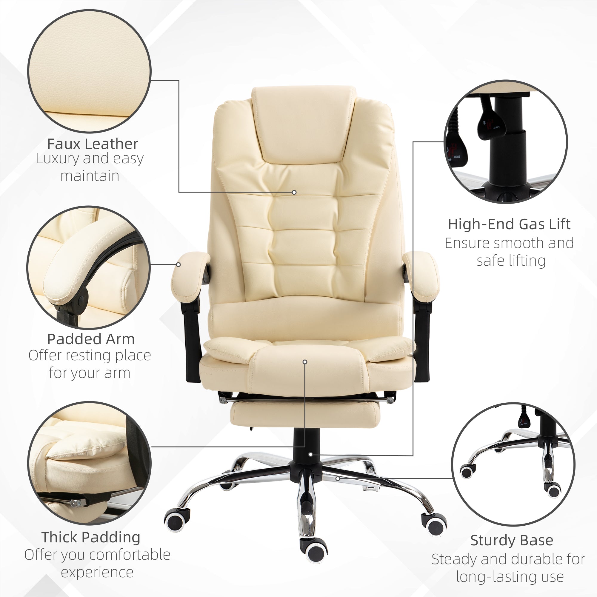 HOMCOM Executive Office Chair High Back PU Leather Reclining Chair with Retractable Footrest Padded Armrest Cream White