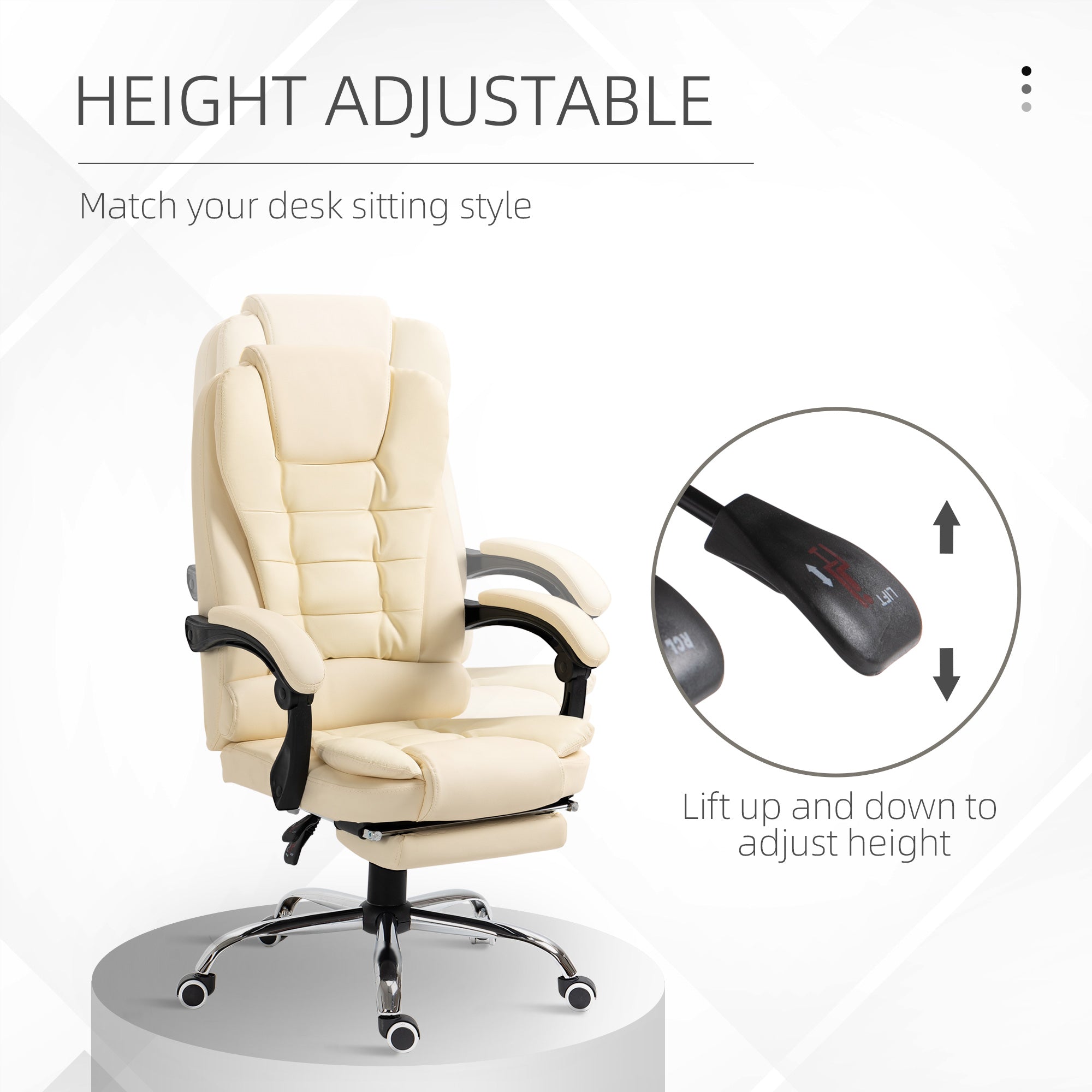 HOMCOM Executive Office Chair High Back PU Leather Reclining Chair with Retractable Footrest Padded Armrest Cream White