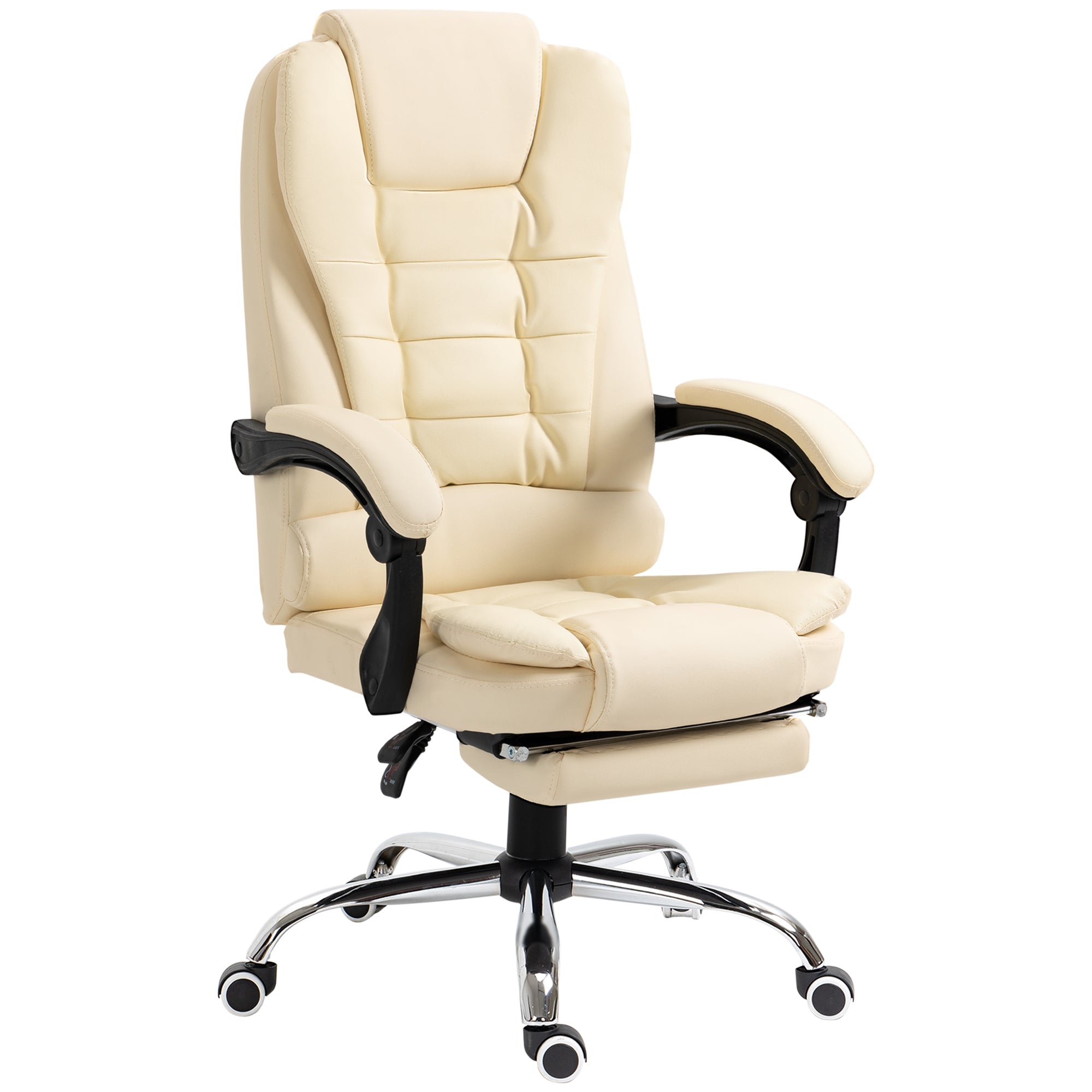 HOMCOM Executive Office Chair High Back PU Leather Reclining Chair with Retractable Footrest Padded Armrest Cream White