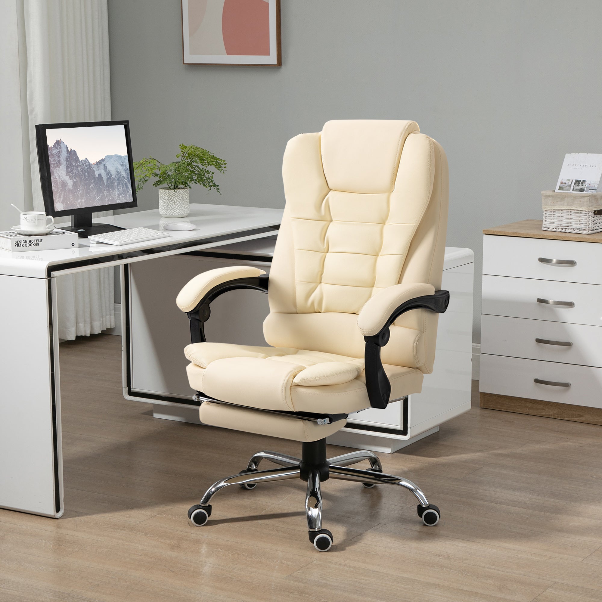 HOMCOM Executive Office Chair High Back PU Leather Reclining Chair with Retractable Footrest Padded Armrest Cream White