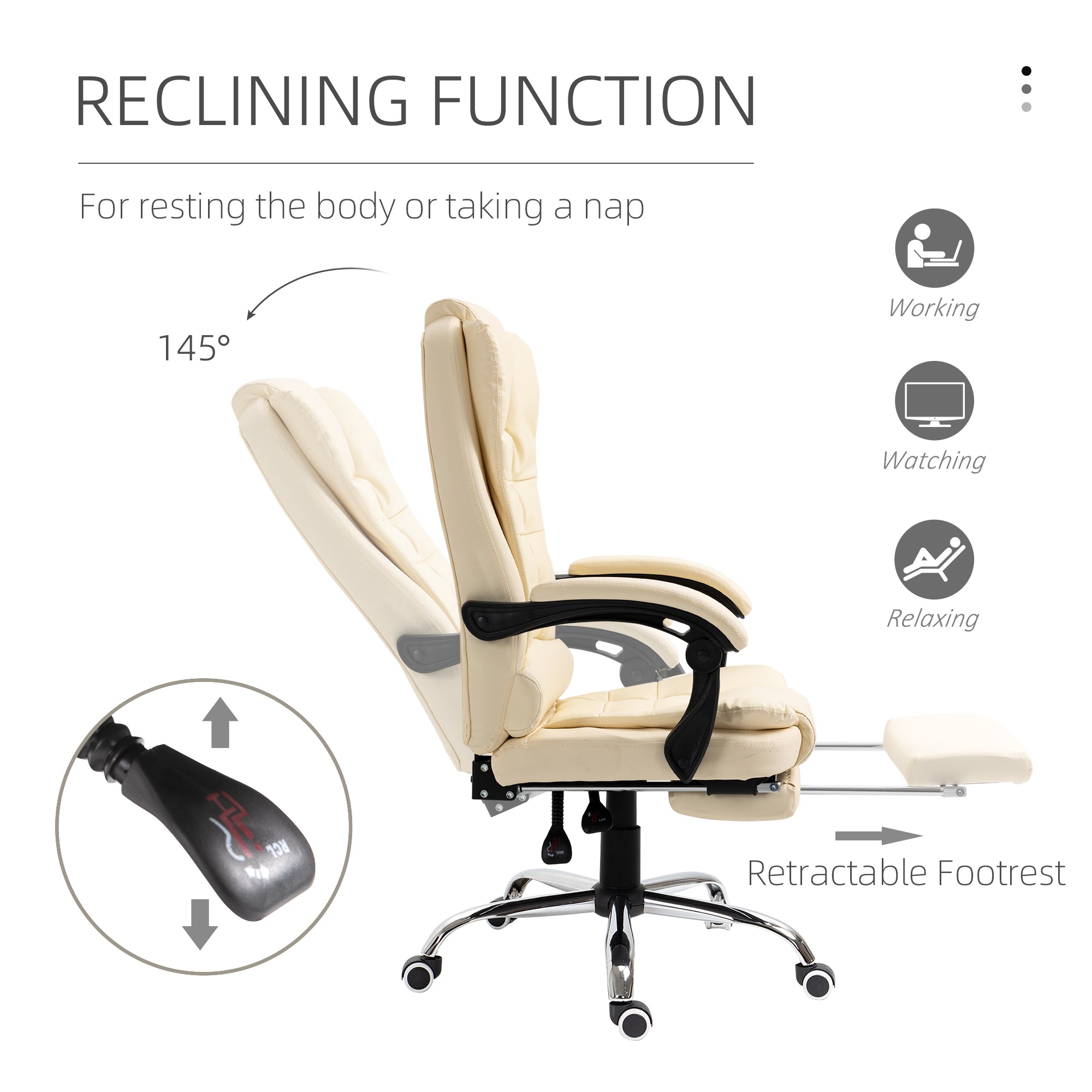 HOMCOM Executive Office Chair High Back PU Leather Reclining Chair with Retractable Footrest Padded Armrest Cream White