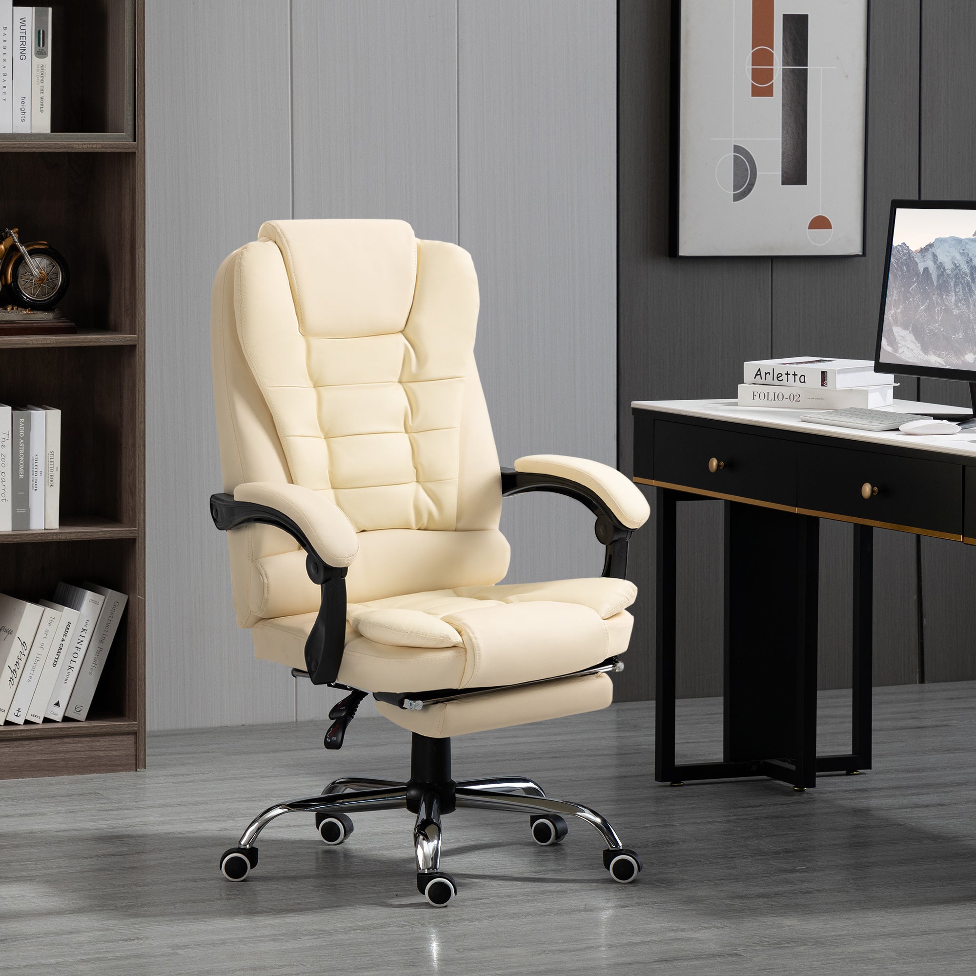 HOMCOM Executive Office Chair High Back PU Leather Reclining Chair with Retractable Footrest Padded Armrest Cream White