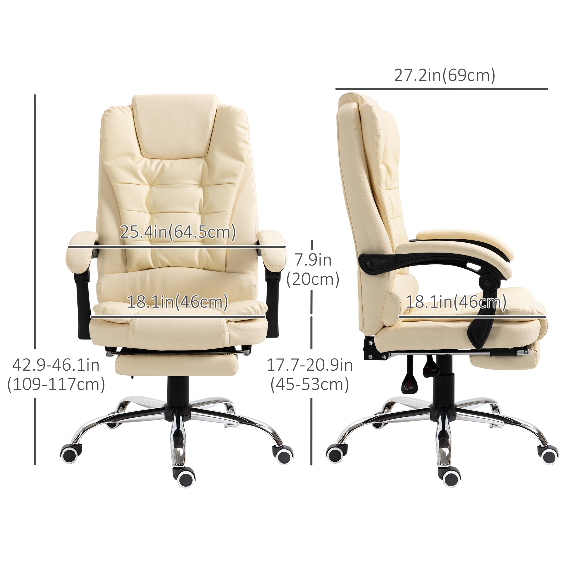 HOMCOM Executive Office Chair High Back PU Leather Reclining Chair with Retractable Footrest Padded Armrest Cream White