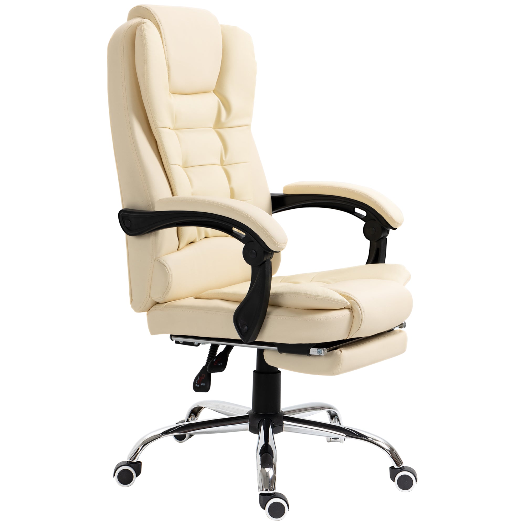 HOMCOM Executive Office Chair High Back PU Leather Reclining Chair with Retractable Footrest Padded Armrest Cream White