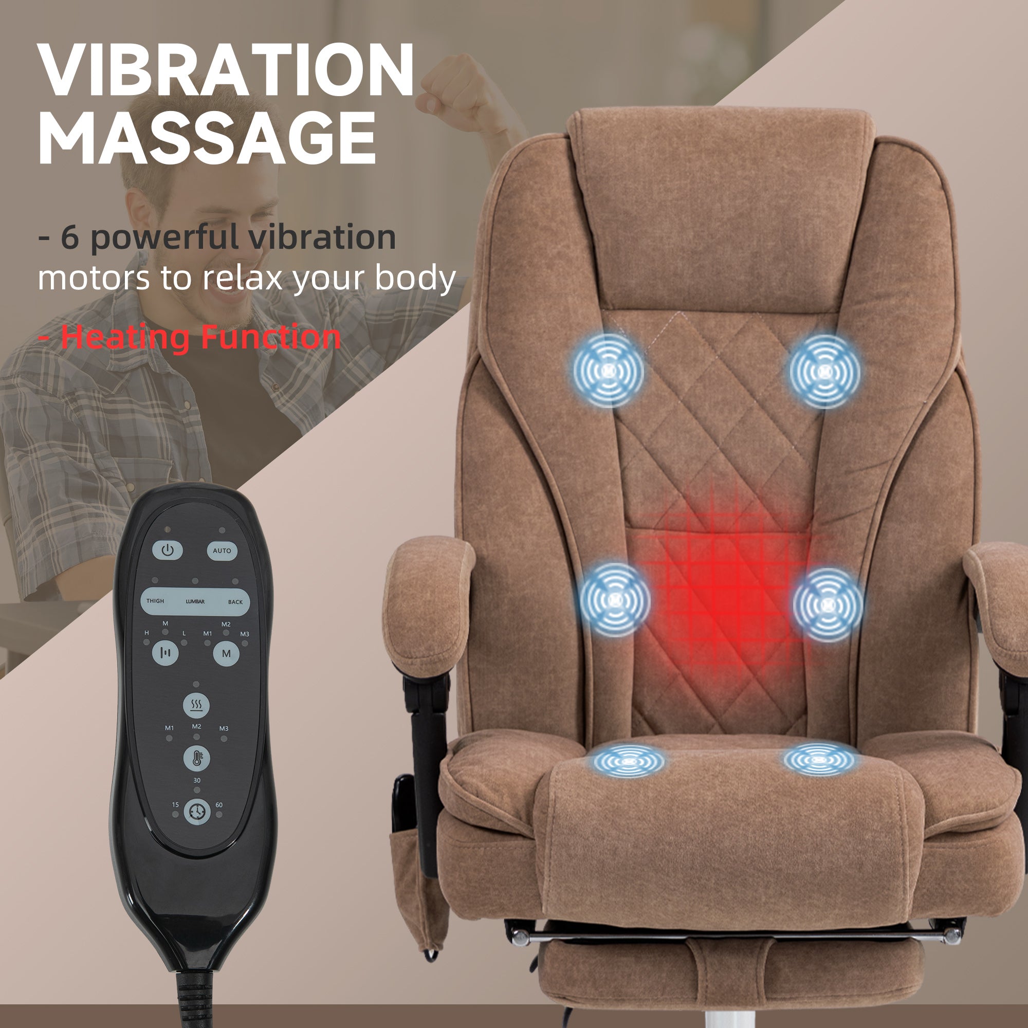 Vinsetto Massage Office Chair with Foot Rest, Reclining Gaming Chair with 6 Vibration Point and Heat, Adjustable Height, Tilt Function, Brown