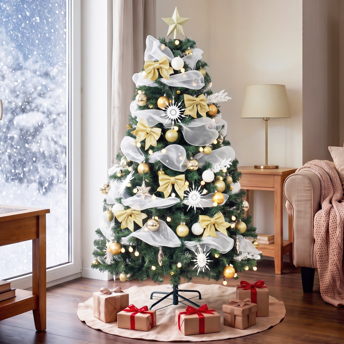 5ft Pre-Lit Christmas Tree with 150 LED Lights, Artificial Xmas Tree with 8 Lighting Modes, 450 Tips, Balls, Ribbons, Bows, Remote, Foldable Metal Stand, Green