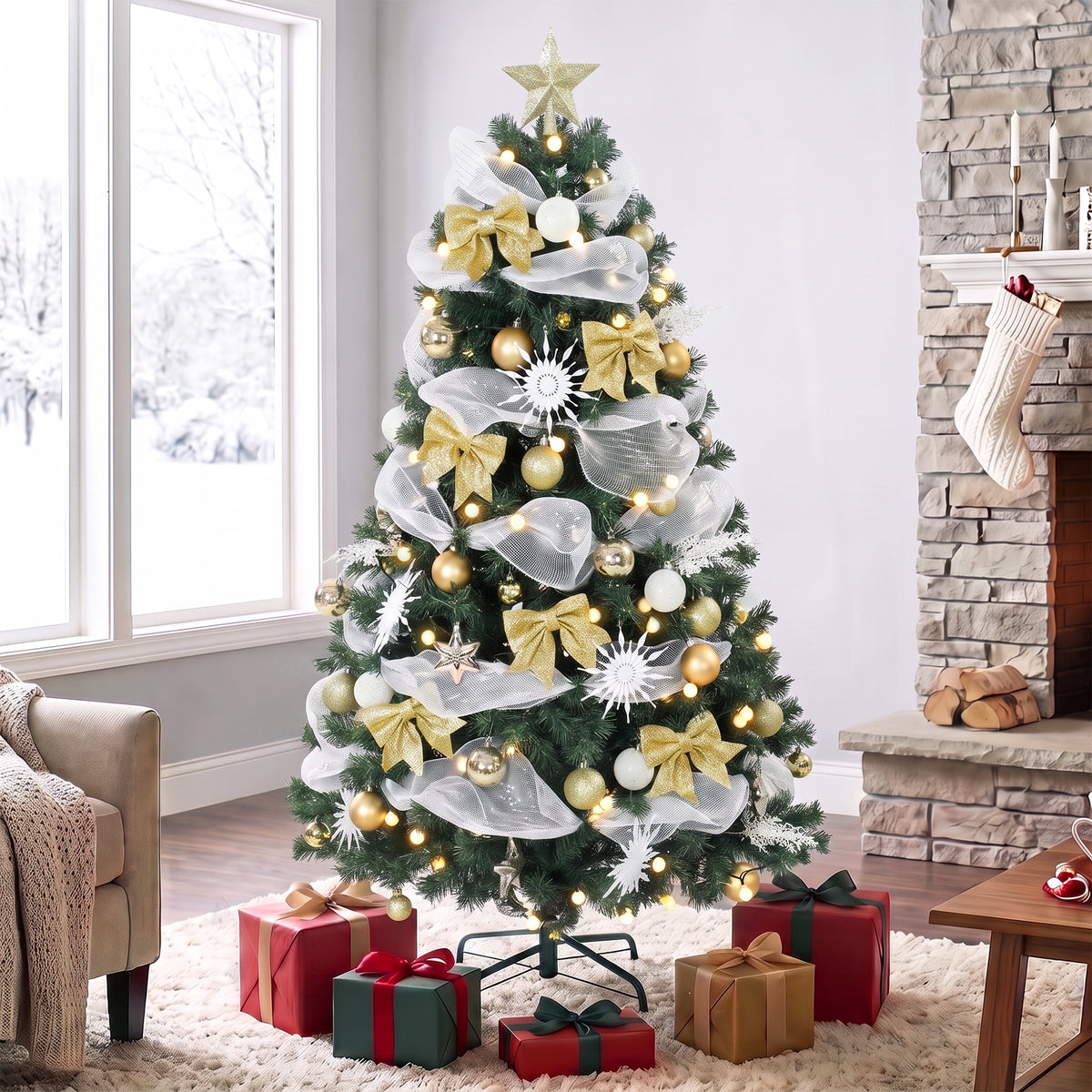 5ft Pre-Lit Christmas Tree with 150 LED Lights, Artificial Xmas Tree with 8 Lighting Modes, 450 Tips, Balls, Ribbons, Bows, Remote, Foldable Metal Stand, Green
