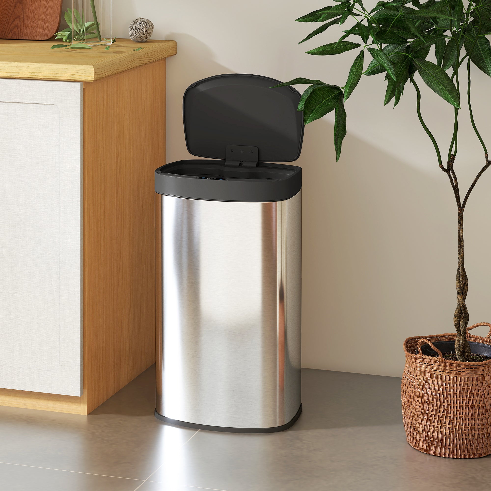 55L Sensor Bin with Soft-Close Lid, Automatic Touchless Motion Sensor Kitchen Bin with Fingerprint Resistant Stainless Steel for Hygienic Gyms, Home Office Use, Silver Tone