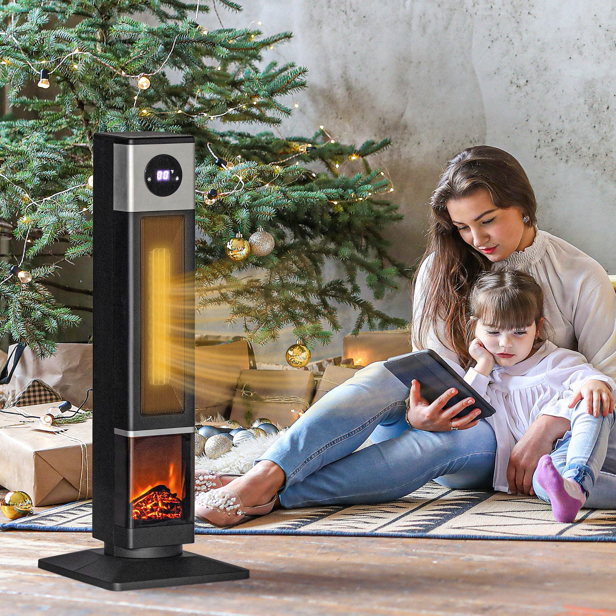 31" Freestanding Electric Fireplace Heater with Oscillation Remote & 12H Timer 1400W Black