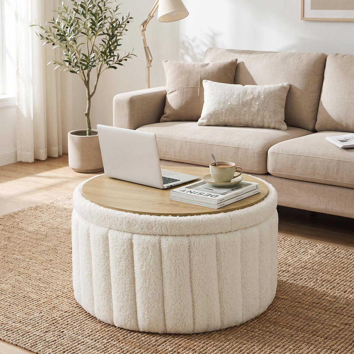 Round Coffee Table with Hidden Storage, Sherpa Fleece Center Table with Dual Reversible Lid, Upholstered Storage Ottoman for Living Room, Cream White