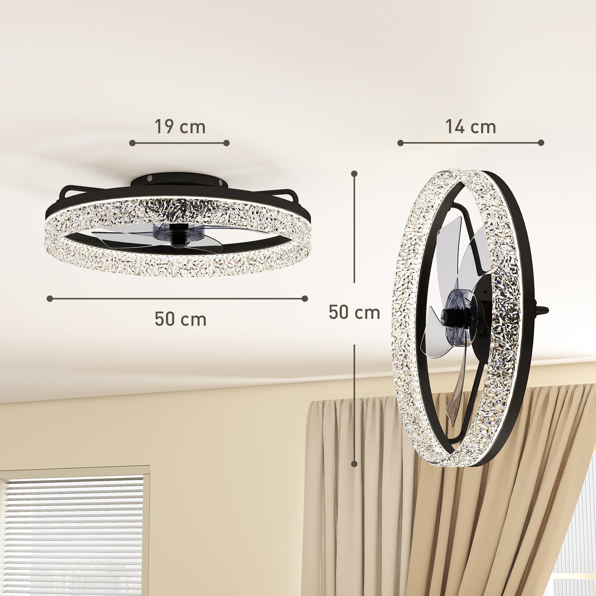 Ceiling Fans with Lights and Remote & App Control, 50 cm Modern LED Ceiling Fan Light with 3 Colour Temperatures, 6 Speed, Timer, Dimmable, Quiet Reversible DC Motor, for Bedroom, Study, Black