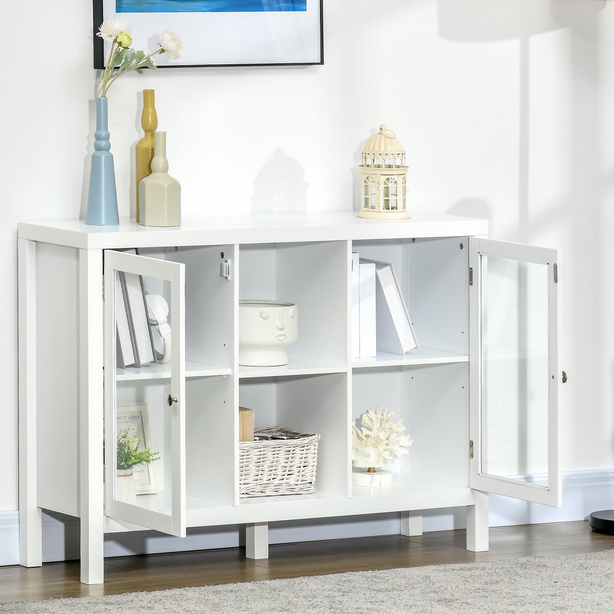 Coffee Bar Cabinet Sideboard Buffet with Removable Wine Rack Glass Door and Adjustable Shelves White