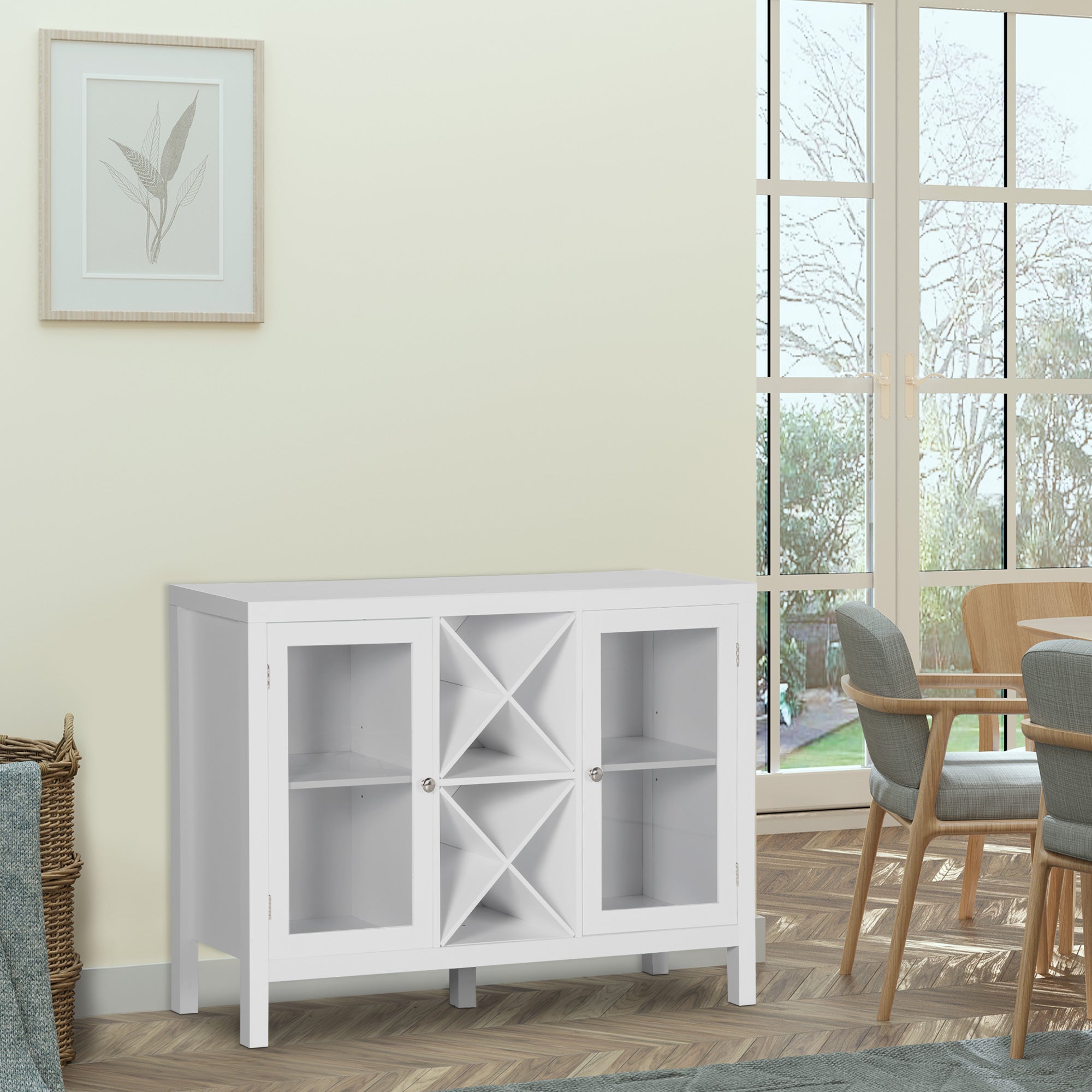 Coffee Bar Cabinet Sideboard Buffet with Removable Wine Rack Glass Door and Adjustable Shelves White