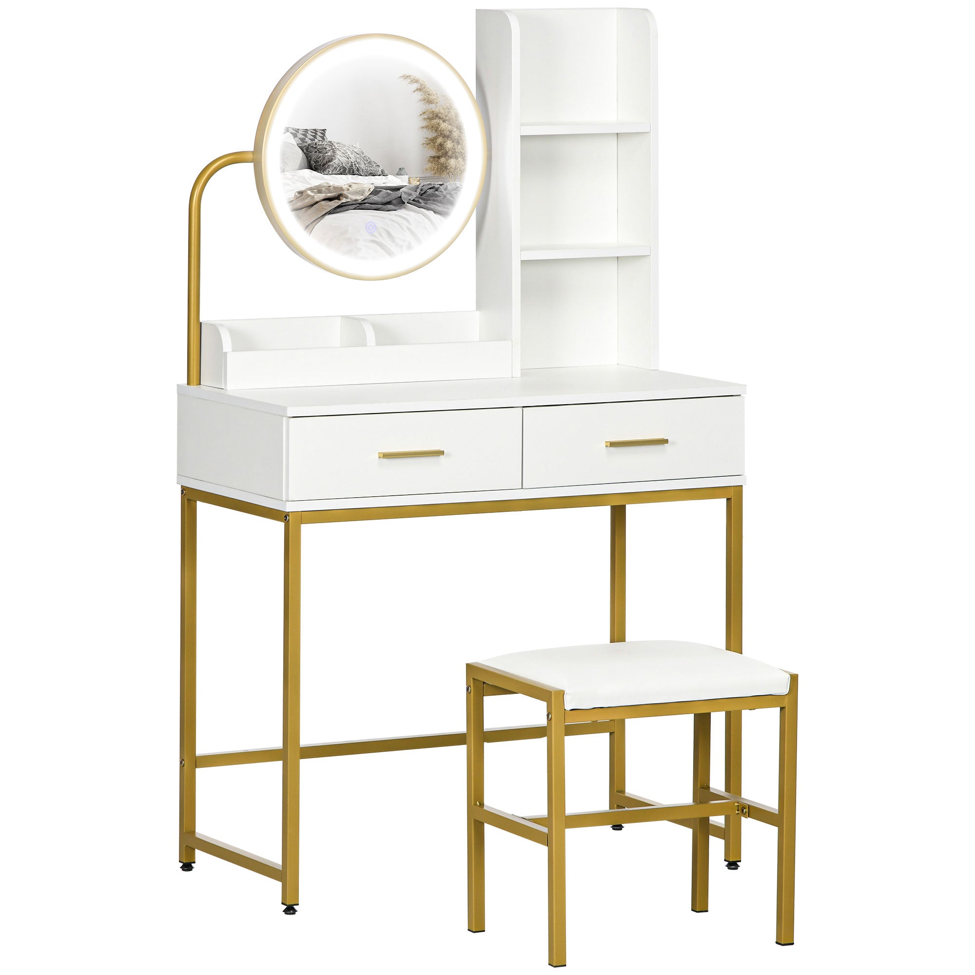 HOMCOM Vanity Set with Lighted Mirror and Stool, Makeup Vanity Desk with Drawers and Shelves, LED Lights, Modern Dressing Table for Bedroom, White