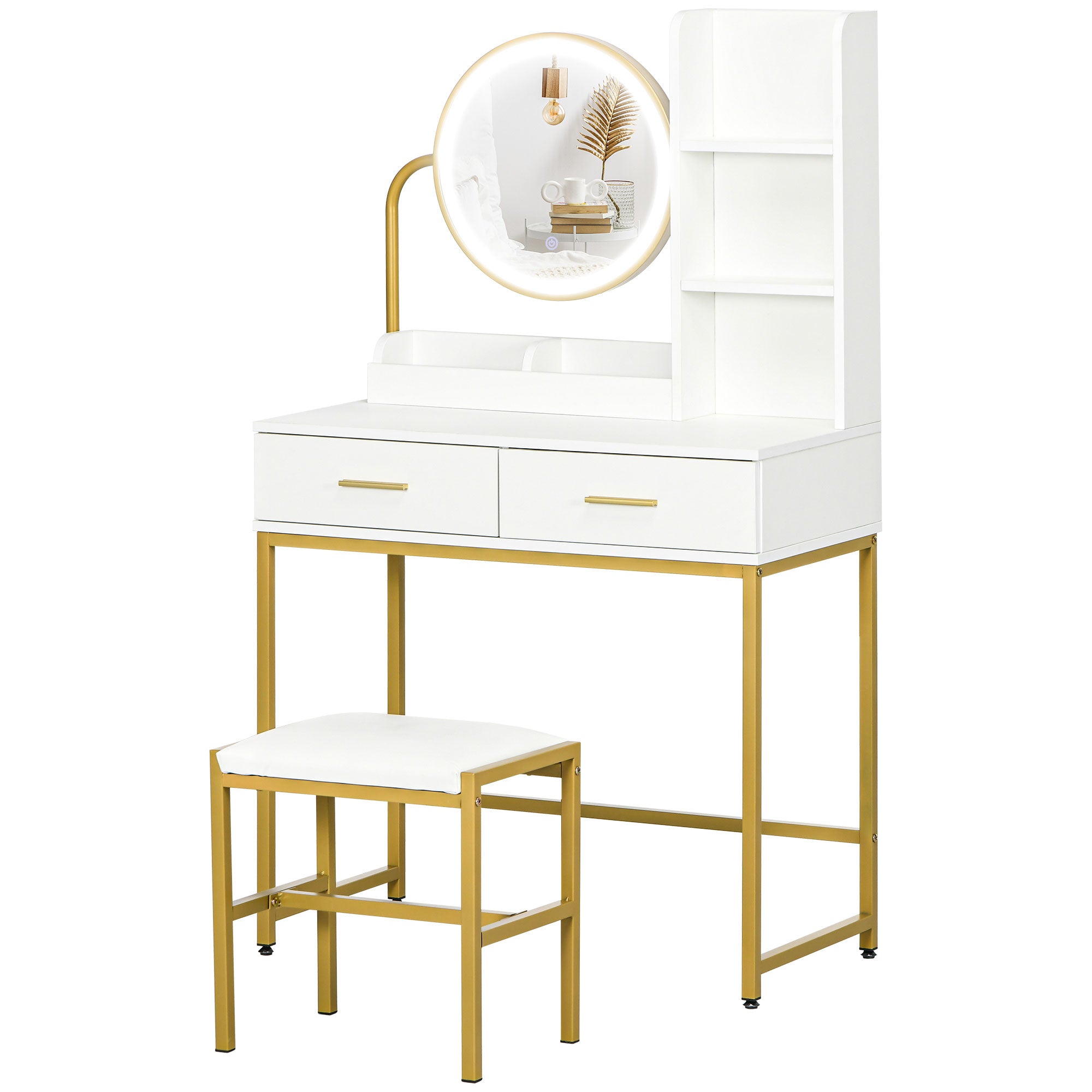 HOMCOM Vanity Set with Lighted Mirror and Stool, Makeup Vanity Desk with Drawers and Shelves, LED Lights, Modern Dressing Table for Bedroom, White