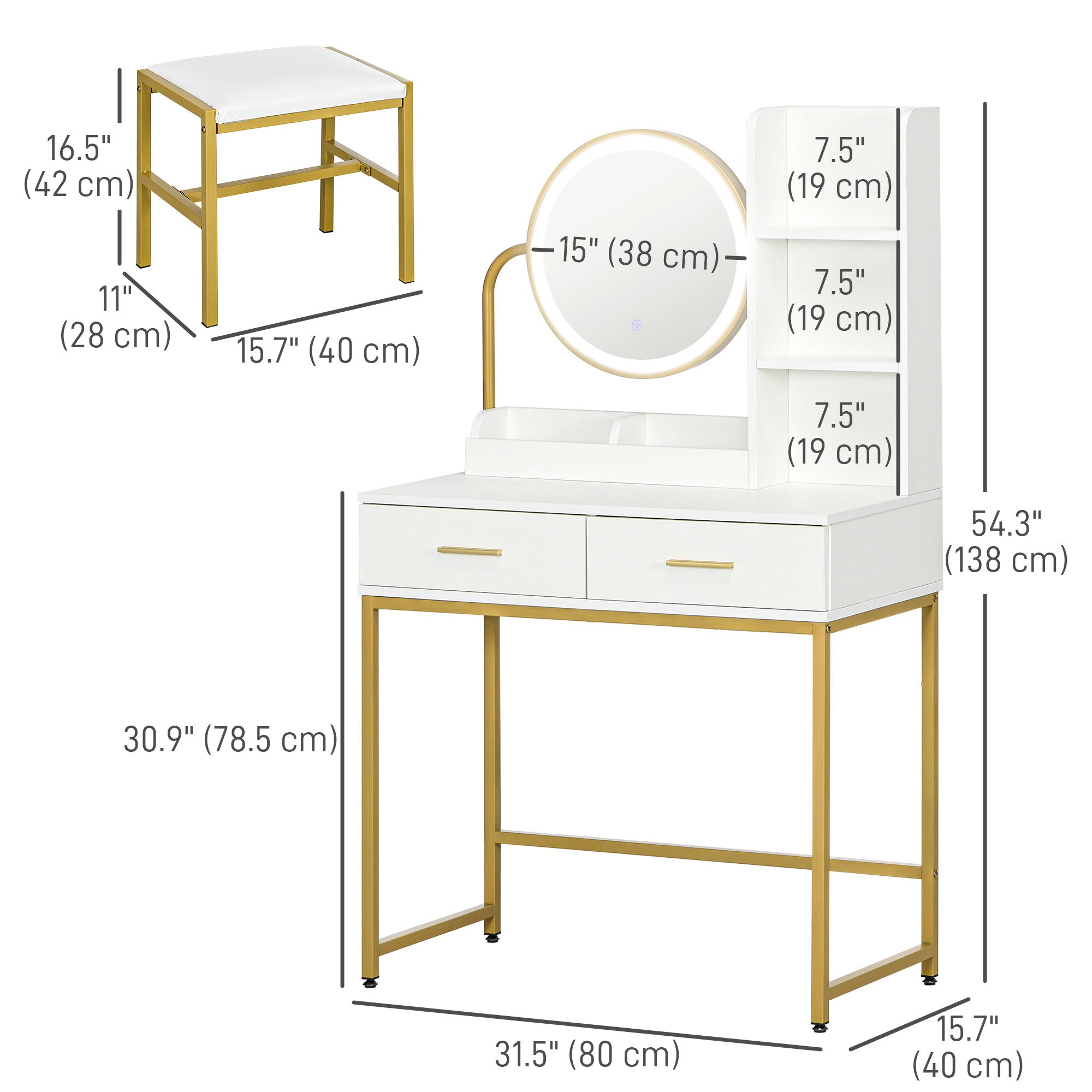 HOMCOM Vanity Set with Lighted Mirror and Stool, Makeup Vanity Desk with Drawers and Shelves, LED Lights, Modern Dressing Table for Bedroom, White