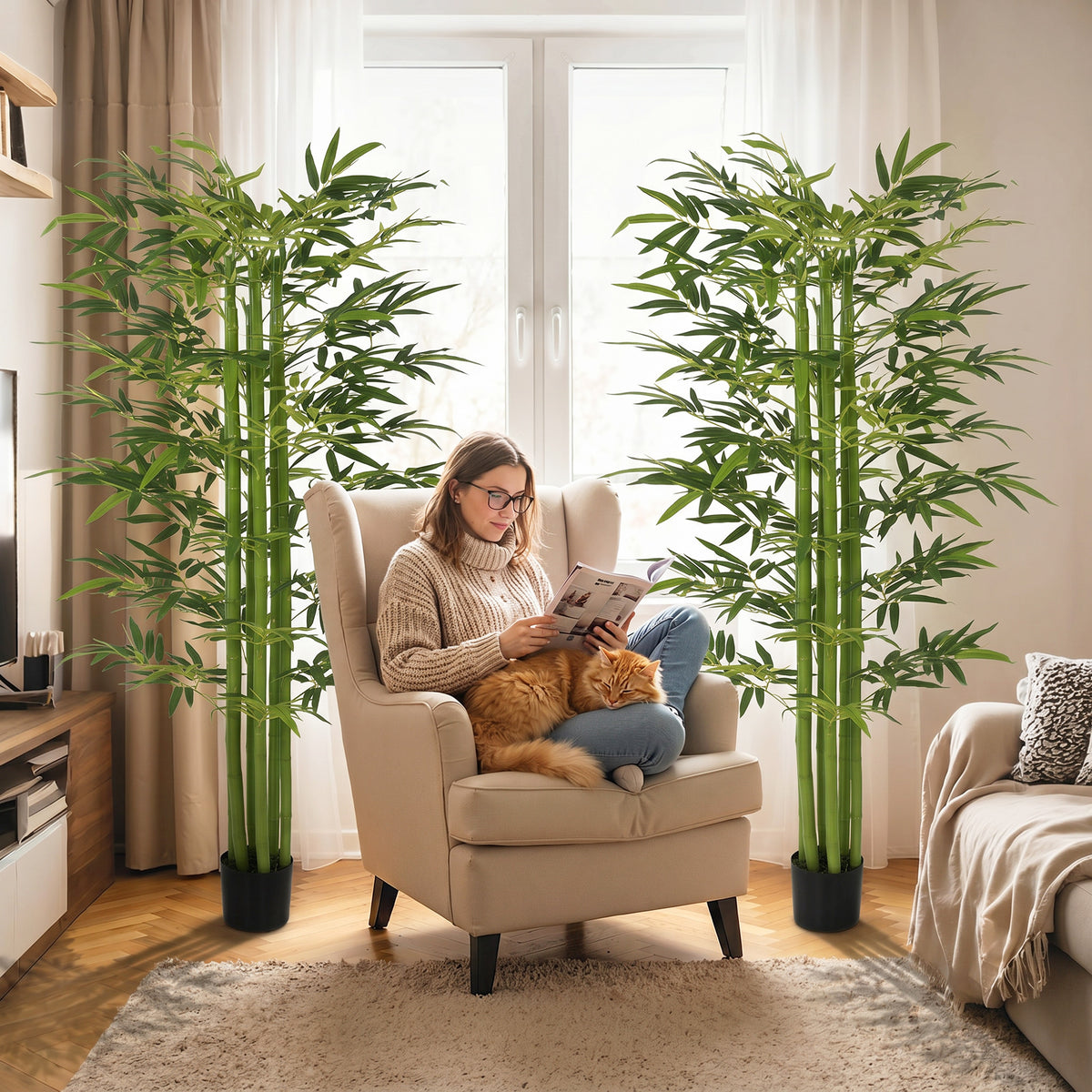 Set of 2 180 cm Artificial Bamboo Tree in Pot with Adjustable Shape, Indoor Fake Plants for Home Office Living Room Decor