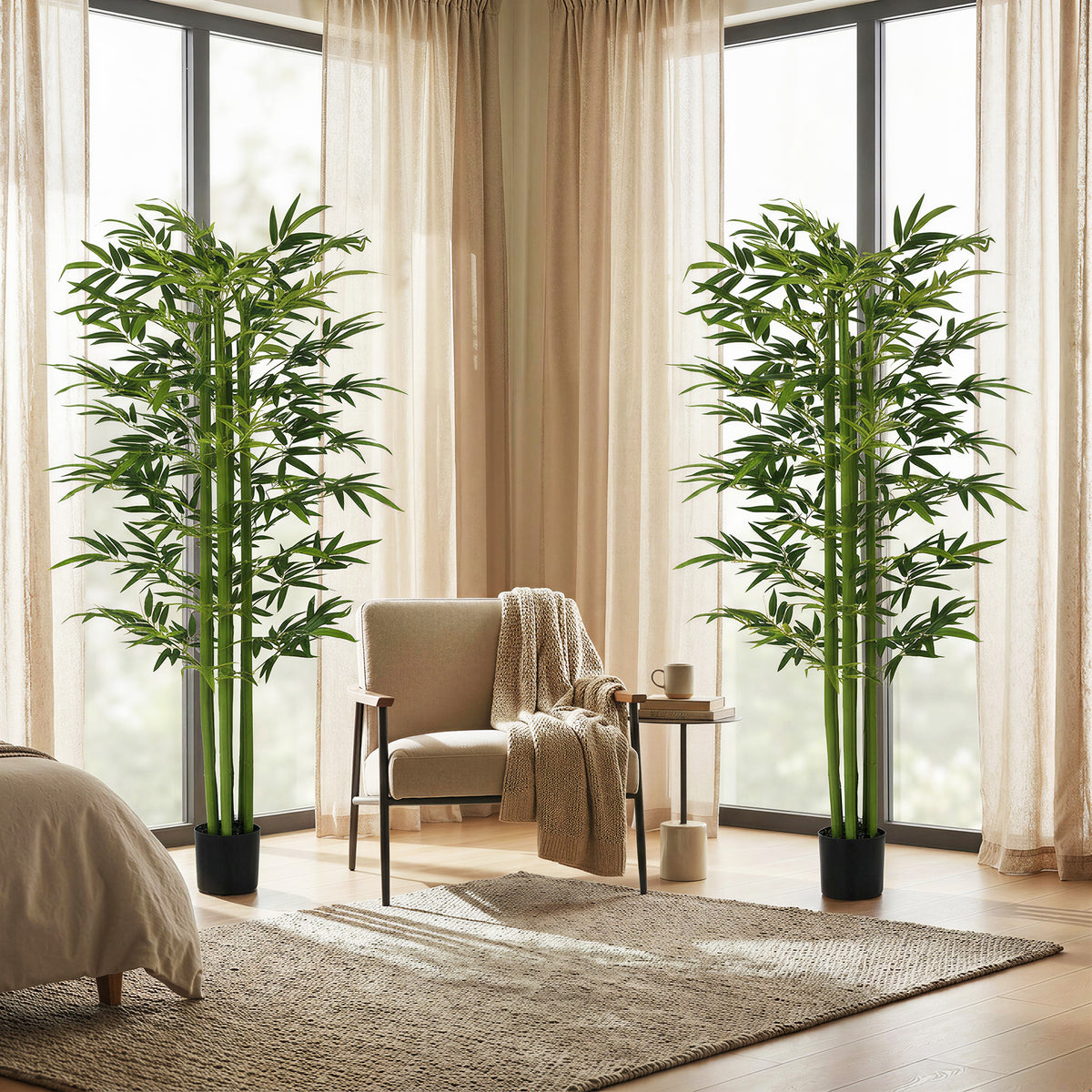 Set of 2 180 cm Artificial Bamboo Tree in Pot with Adjustable Shape, Indoor Fake Plants for Home Office Living Room Decor