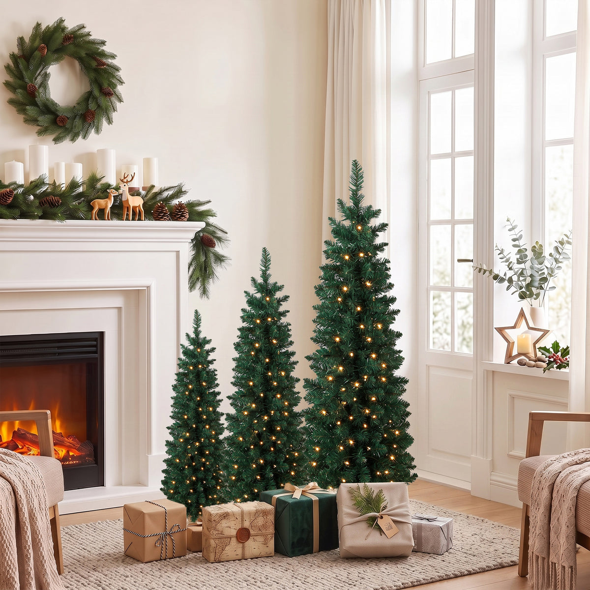 Artificial Pencil Christmas Tree Set of 3, Pre-Lit Christmas Trees with PVC Tips and Warm White LED Lights, Slim Xmas Decorations, 3/4/5 ft, Green