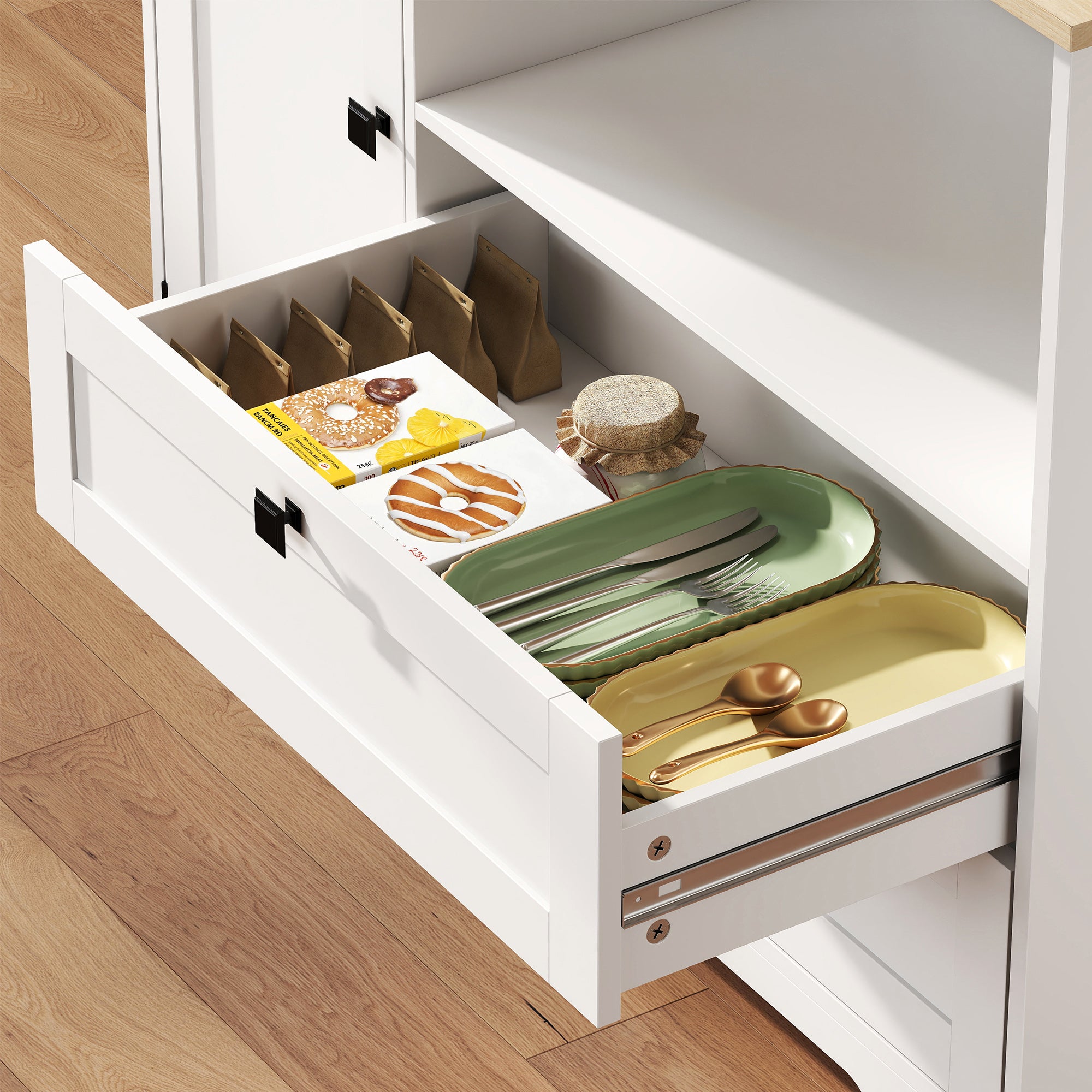 Kitchen Cupboard, Freestanding Kitchen Cabinet with 2 Cabinets, 2 Drawers, Open and Adjustable Shelves, Microwave Stand, Pantry Storage Cupboard for Dining Room and Living Room, White