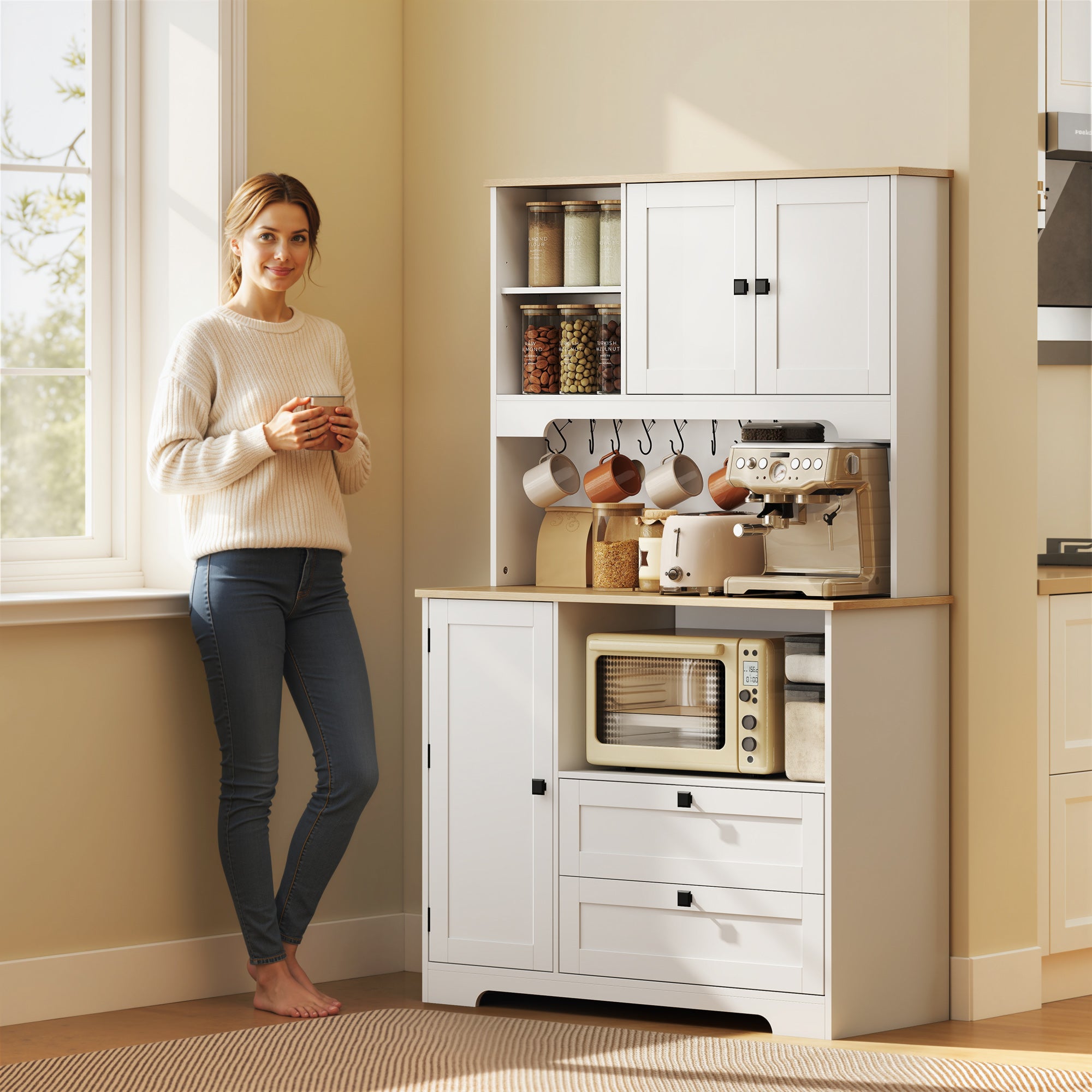 Kitchen Cupboard, Freestanding Kitchen Cabinet with 2 Cabinets, 2 Drawers, Open and Adjustable Shelves, Microwave Stand, Pantry Storage Cupboard for Dining Room and Living Room, White