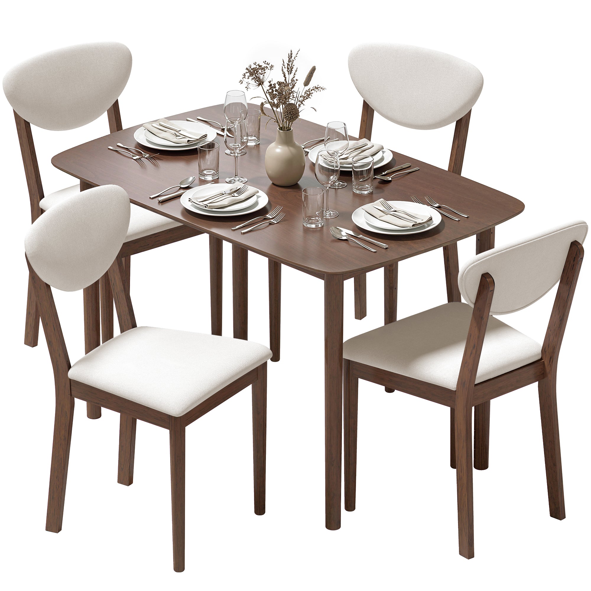 5-Piece Dining Table Set for 4, Mid-Century Modern Kitchen Table and Chairs with Padded Seats and Backrests, Solid Wood Frame for Small Space, Dining Room, Living Room, Cream White