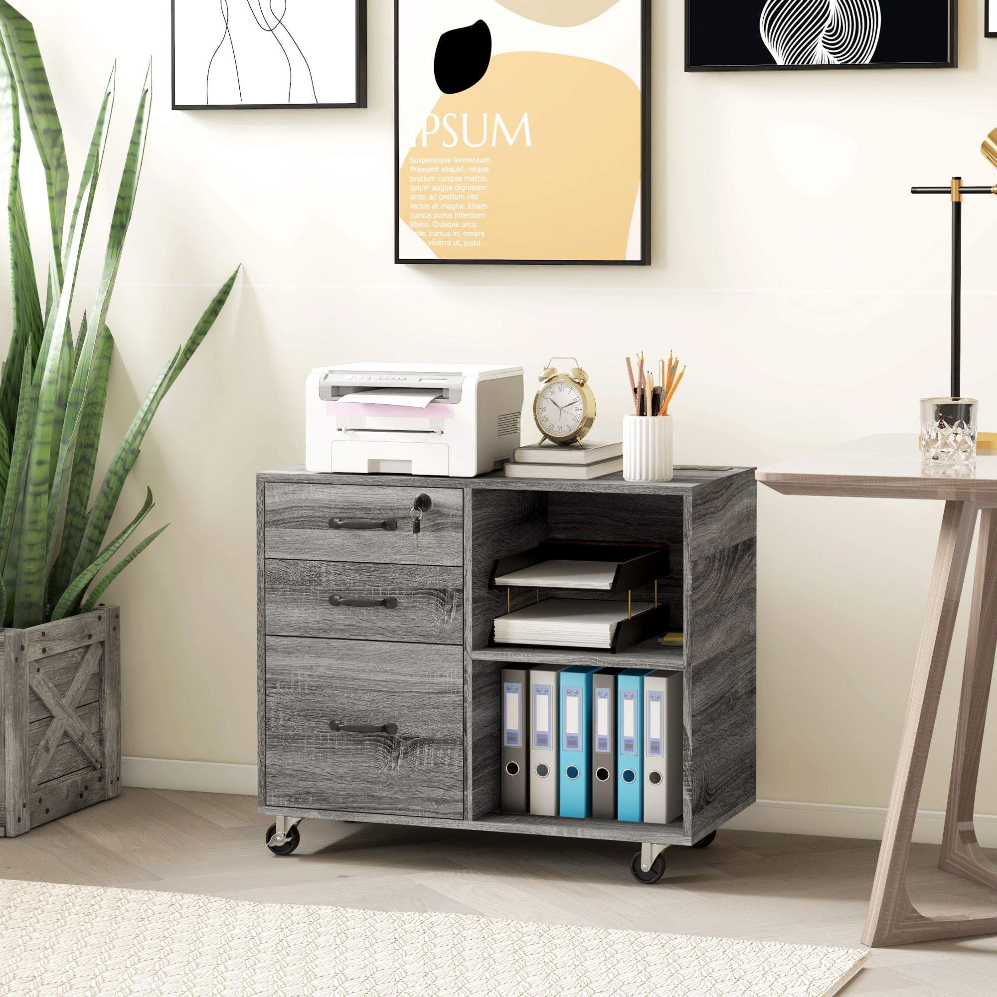 HOMCOM 3 Drawer Lateral Filing Cabinet with Charging Station and USB Ports, Mobile Printer Stand with Open Storage Shelf, Locking File Cabinet for A4, Letter Size, Grey