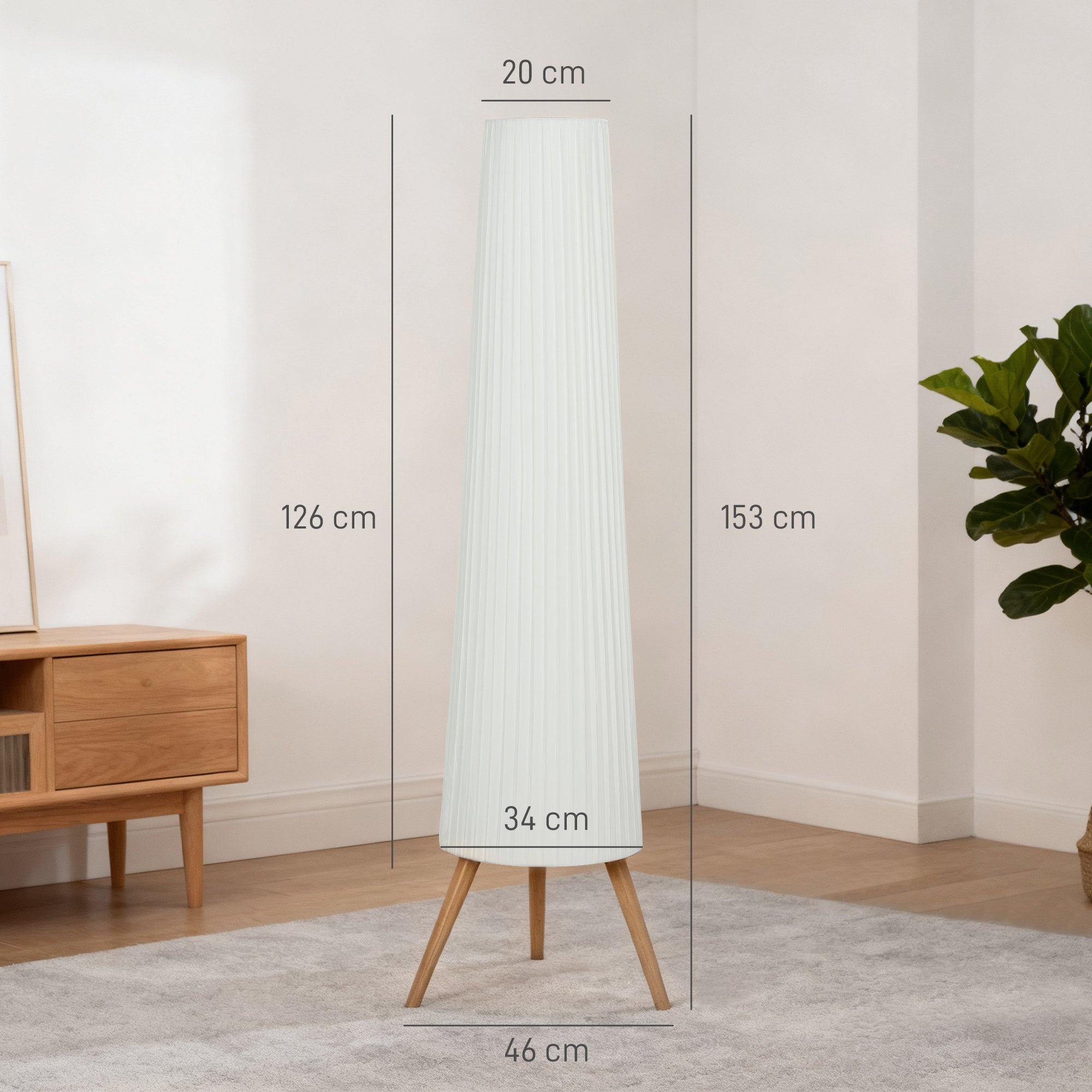 Dimmable Tripod Floor Lamp with Foot Switch, Nordic Standing Lamp with Wood Legs and Fabric Shade for Living Room, Bedroom, Office, 153cm, White