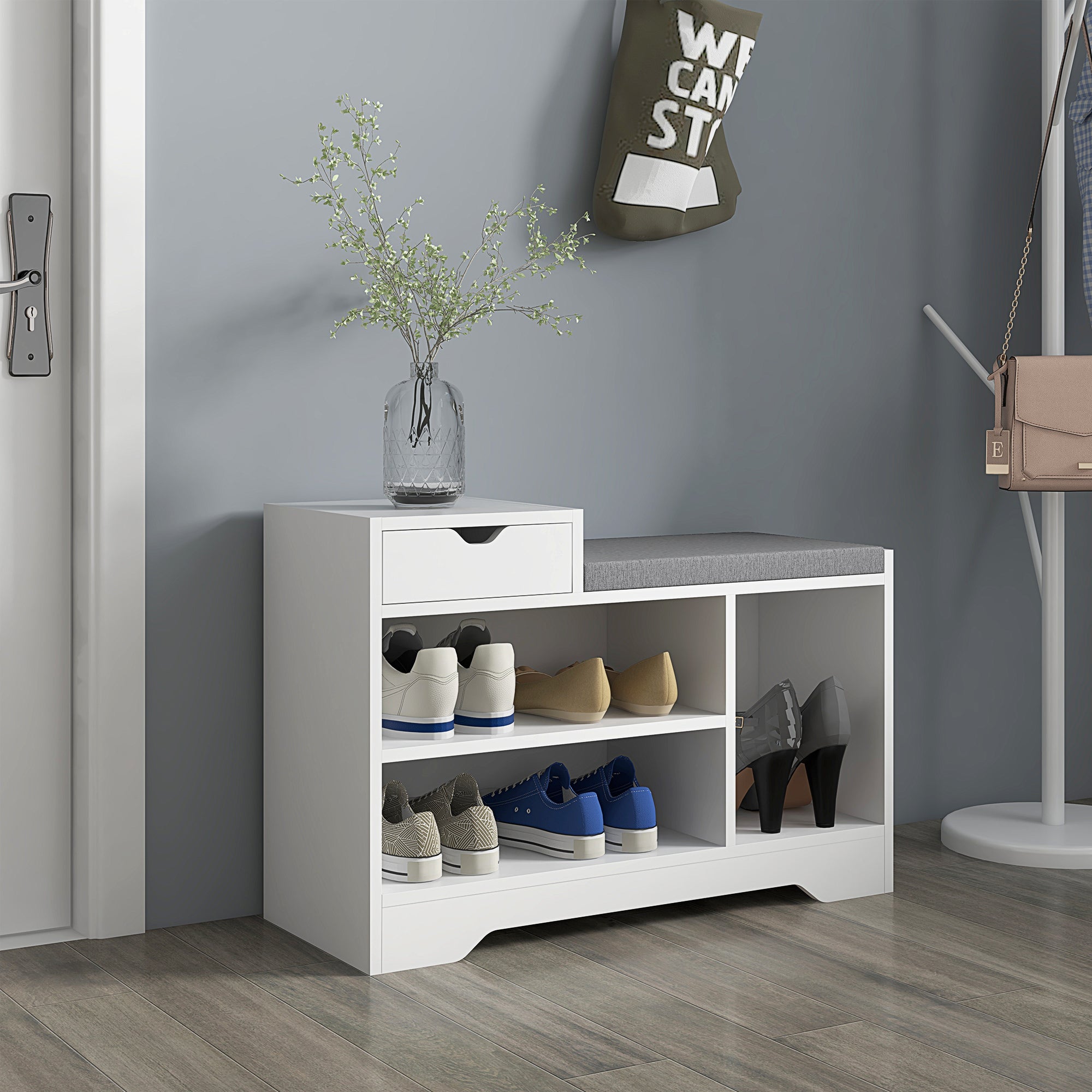 HOMCOM Shoe Storage Bench, Shoe Rack Bench with Seating Cushion, Drawer, 3 Open Compartments and Table Top for Entryway, Hallway, White