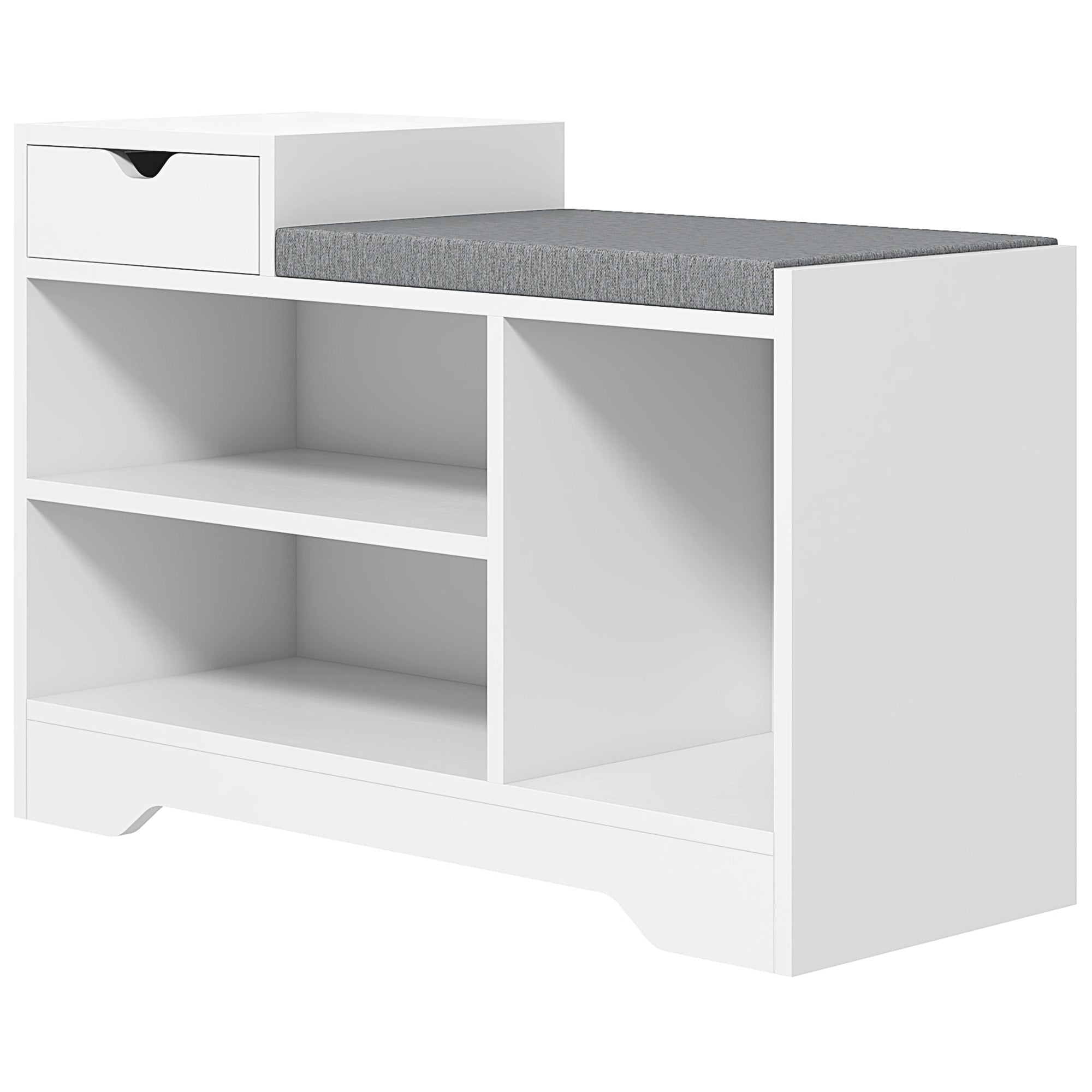 HOMCOM Shoe Storage Bench, Shoe Rack Bench with Seating Cushion, Drawer, 3 Open Compartments and Table Top for Entryway, Hallway, White