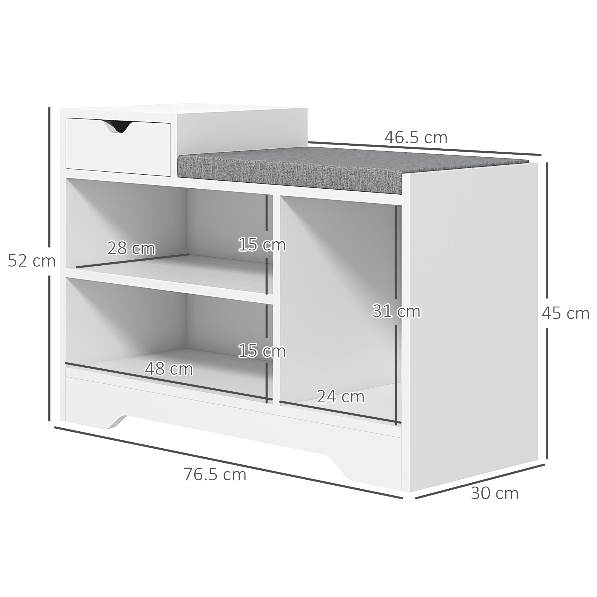 HOMCOM Shoe Storage Bench, Shoe Rack Bench with Seating Cushion, Drawer, 3 Open Compartments and Table Top for Entryway, Hallway, White